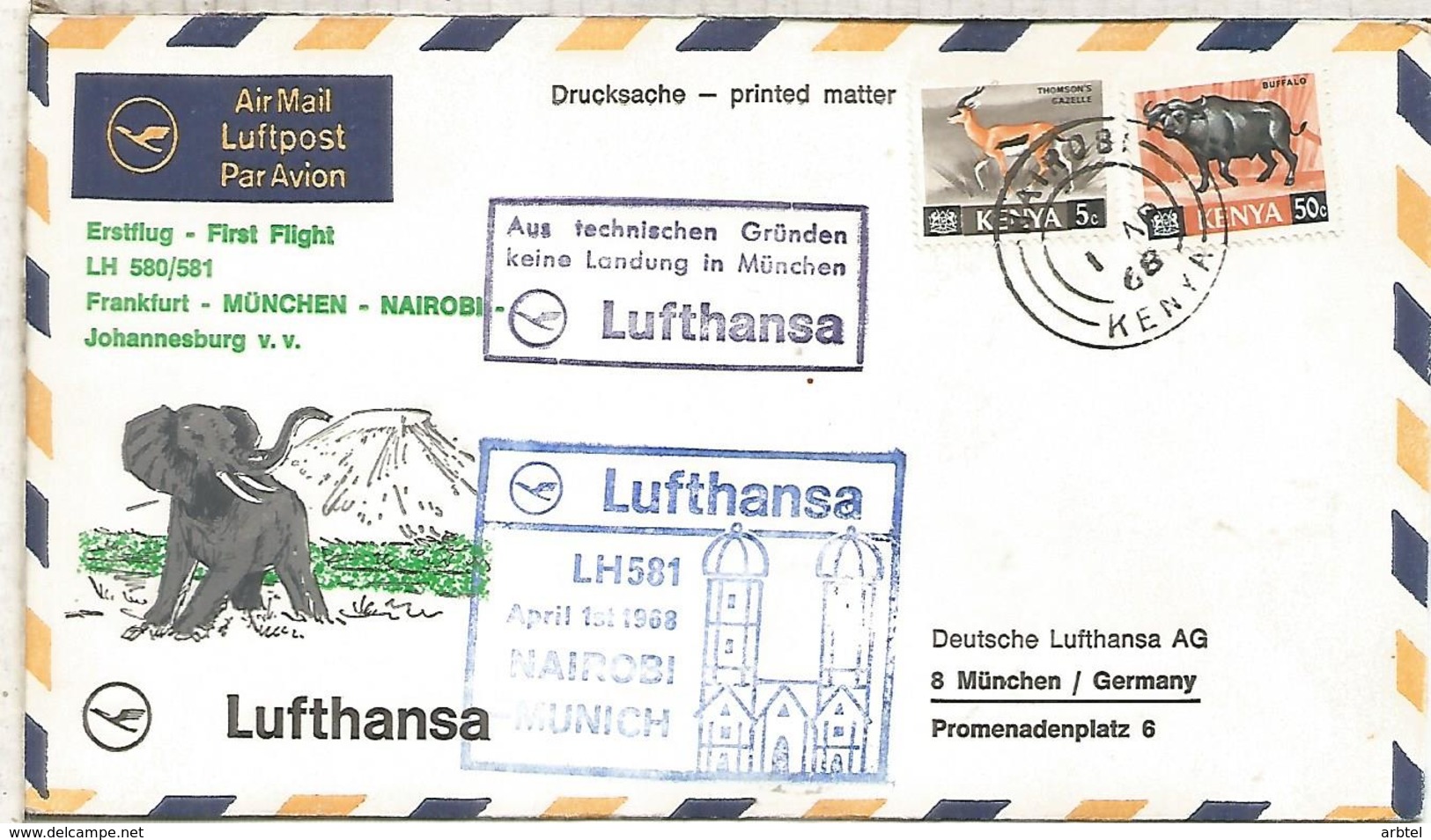 KENYA  CC PRIMER VUELO LUFTHANSA 1968 NAIROBI MUCNHEN FRANKFURT - Kenia (1963-...)