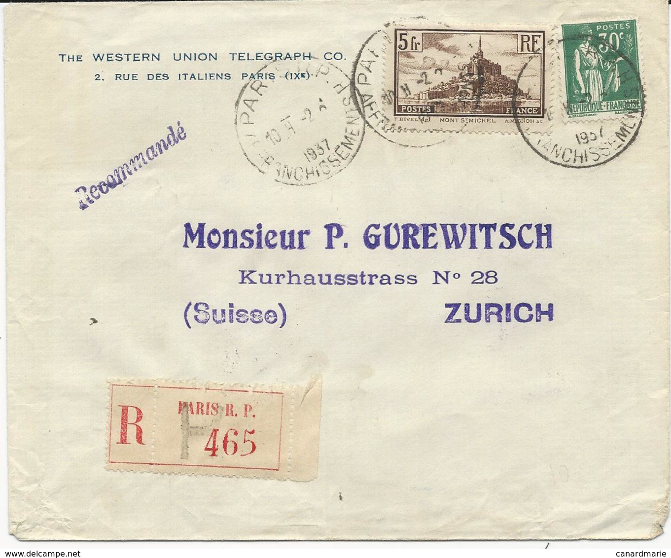 LETTRE RECOMMANDEE POUR LA SUISSE 1937 AVEC 2 TIMBRES PAIX / MONT SAINT MICHEL - 1921-1960: Période Moderne