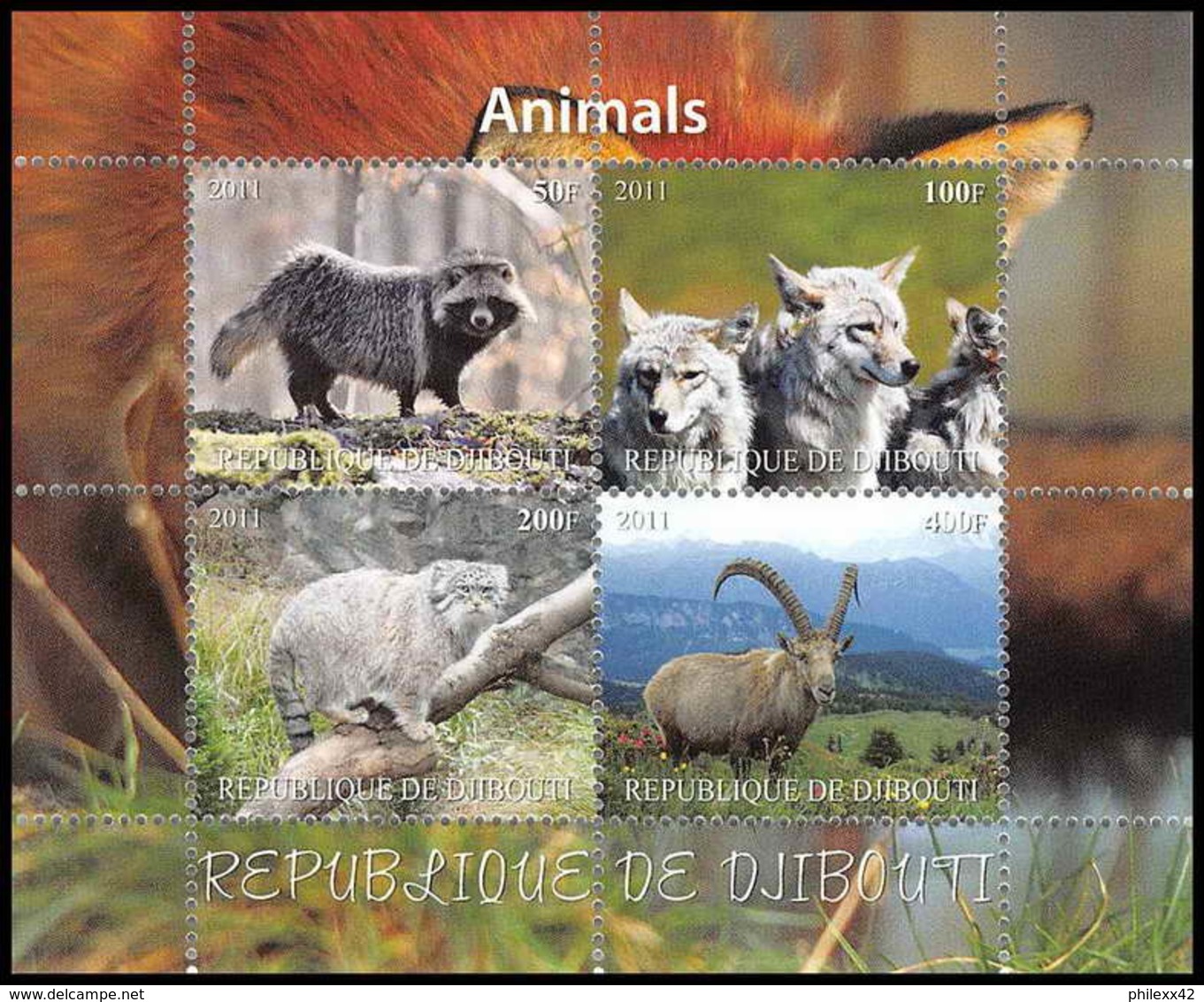 2011a/ Bloc Loup 'wolf) Chat (chats Cat Cats) Raton Laveur Raccoon Bouquetin Neuf ** MNH Tirage Privé Local Stamp Vignet - Big Cats (cats Of Prey)