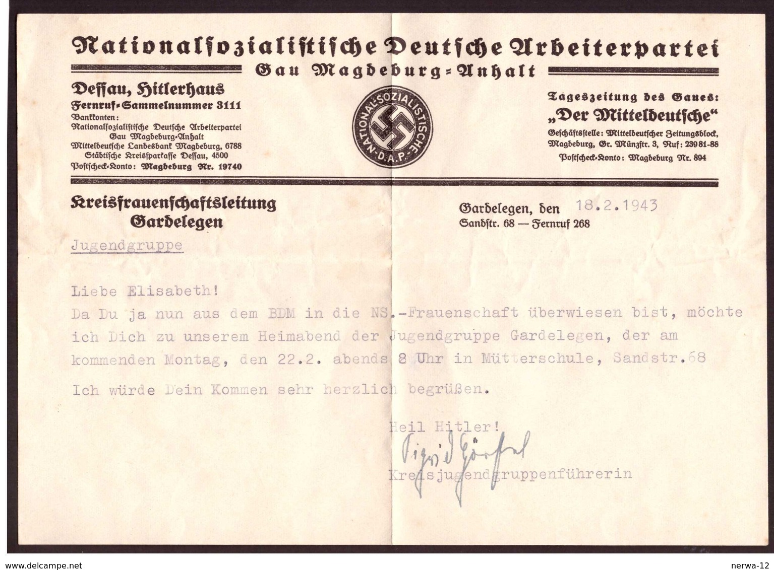 Militaria 2. Weltkrieg Brief Von Der NS-Frauenschaft Mit Inhalt - 1939-45