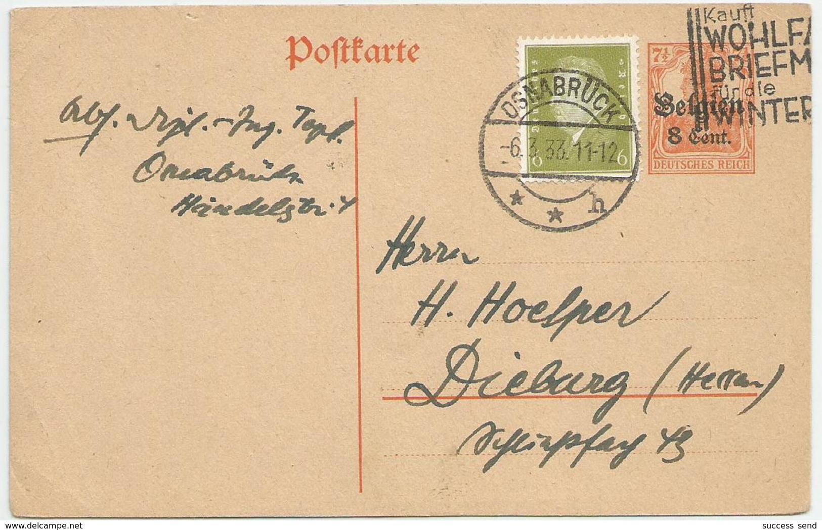 ALLEMAGNE POSTKARTE 1933 OSNABRÜCK. BELGIEN 7 1/2 + DEUTSCHES REICH N° 465 - Lettres & Documents