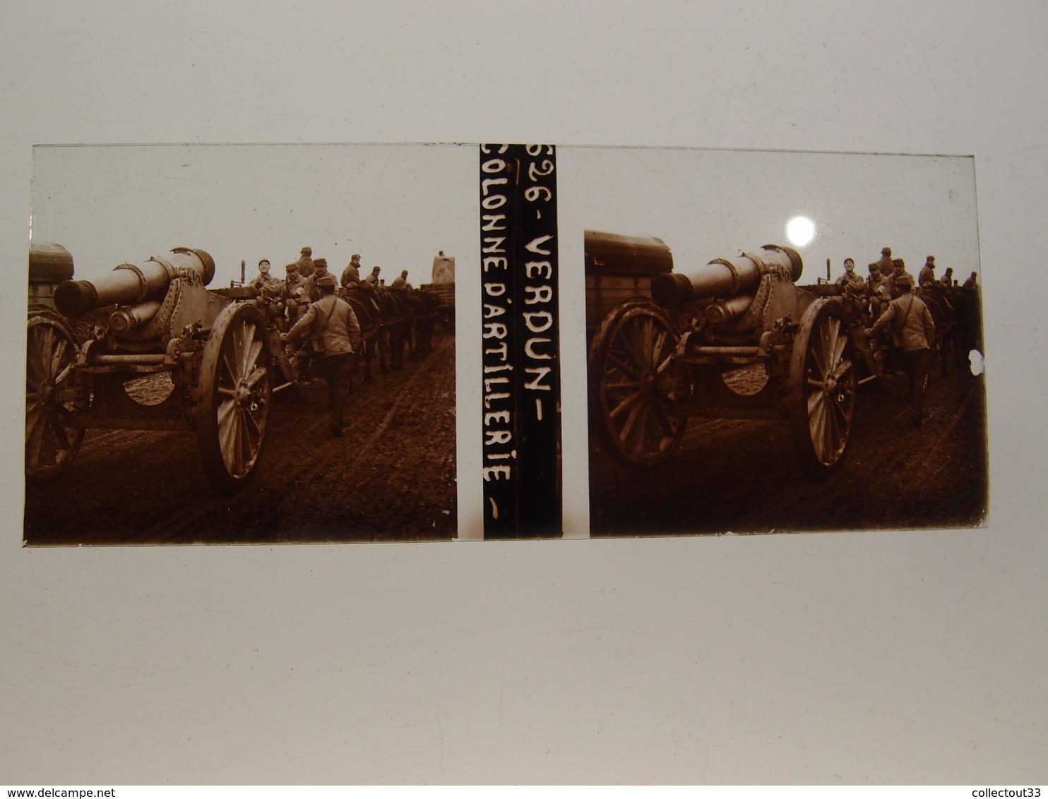 Photo Plaque De Verre Stéréoscopique Guerre 14-18 Poilus Verdun Colonne D'artillerie - Diapositiva Su Vetro