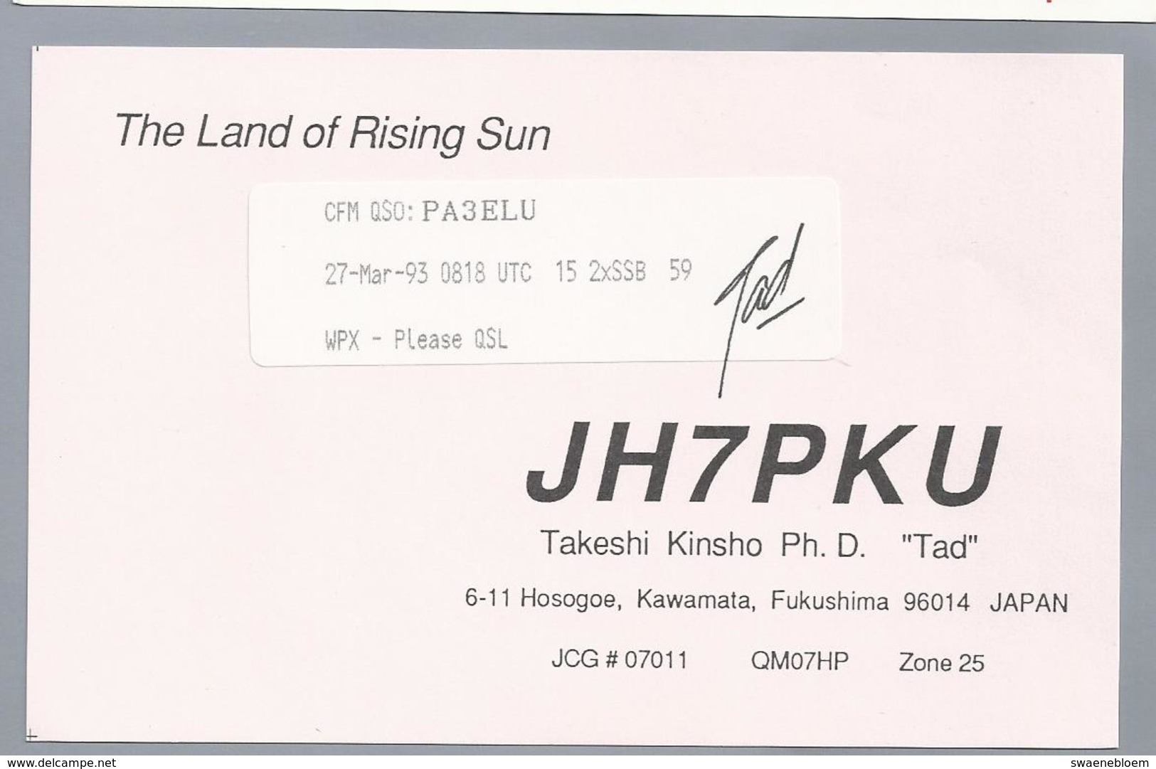 JP.- QSL KAART. CARD. JAPAN. JH7PKU. The Land Of Rising Sun. Takeshi Kinsho Ph.D. - Tad -. Kawamata, FUKUSHIMA. - Radio-amateur