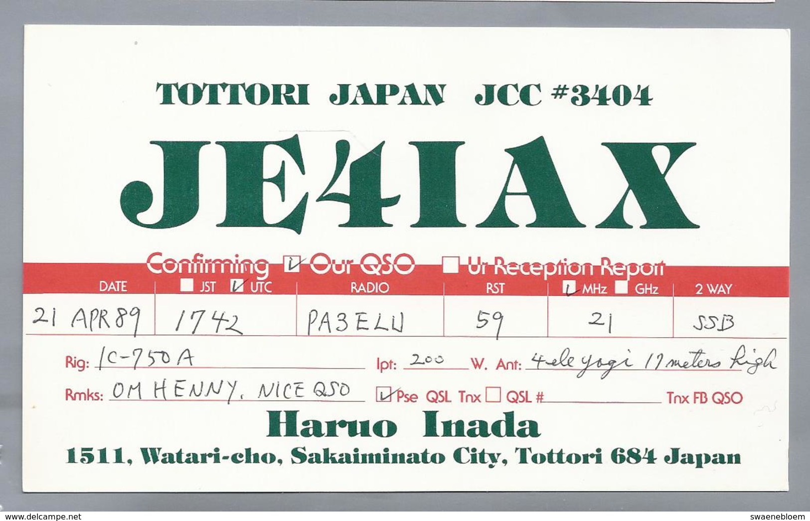 JP.- QSL KAART. CARD. JAPAN. JE4IAX. HARUO INADA, SAKAIMINATO CITY, TOTTORI. - Radio-amateur