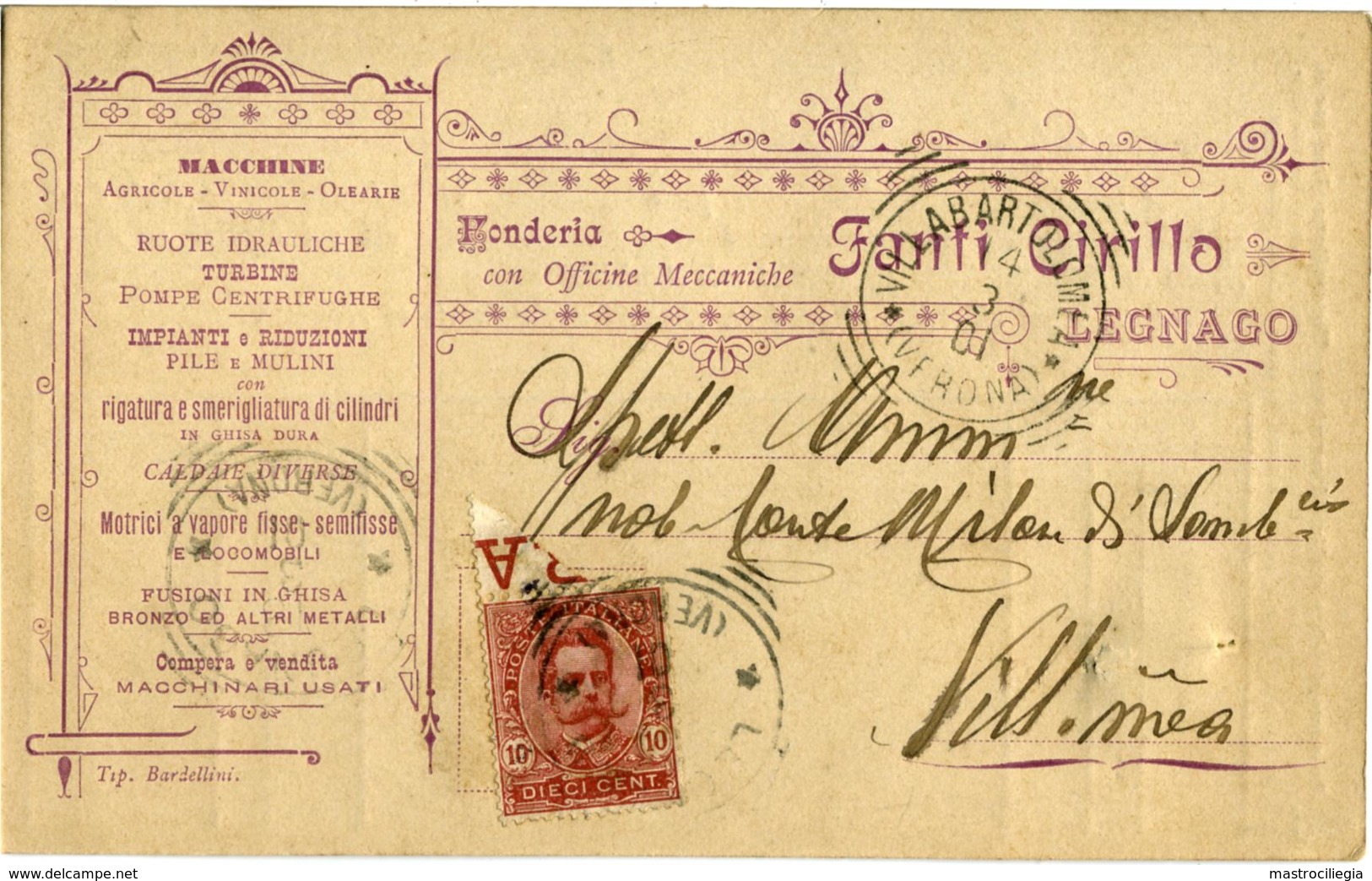 FANTI CIRILLO  Fonderia Officine Meccaniche Legnago  Testatina Per Villabartolomea Verona 1901 Con Fattura Commerciale - Industrie