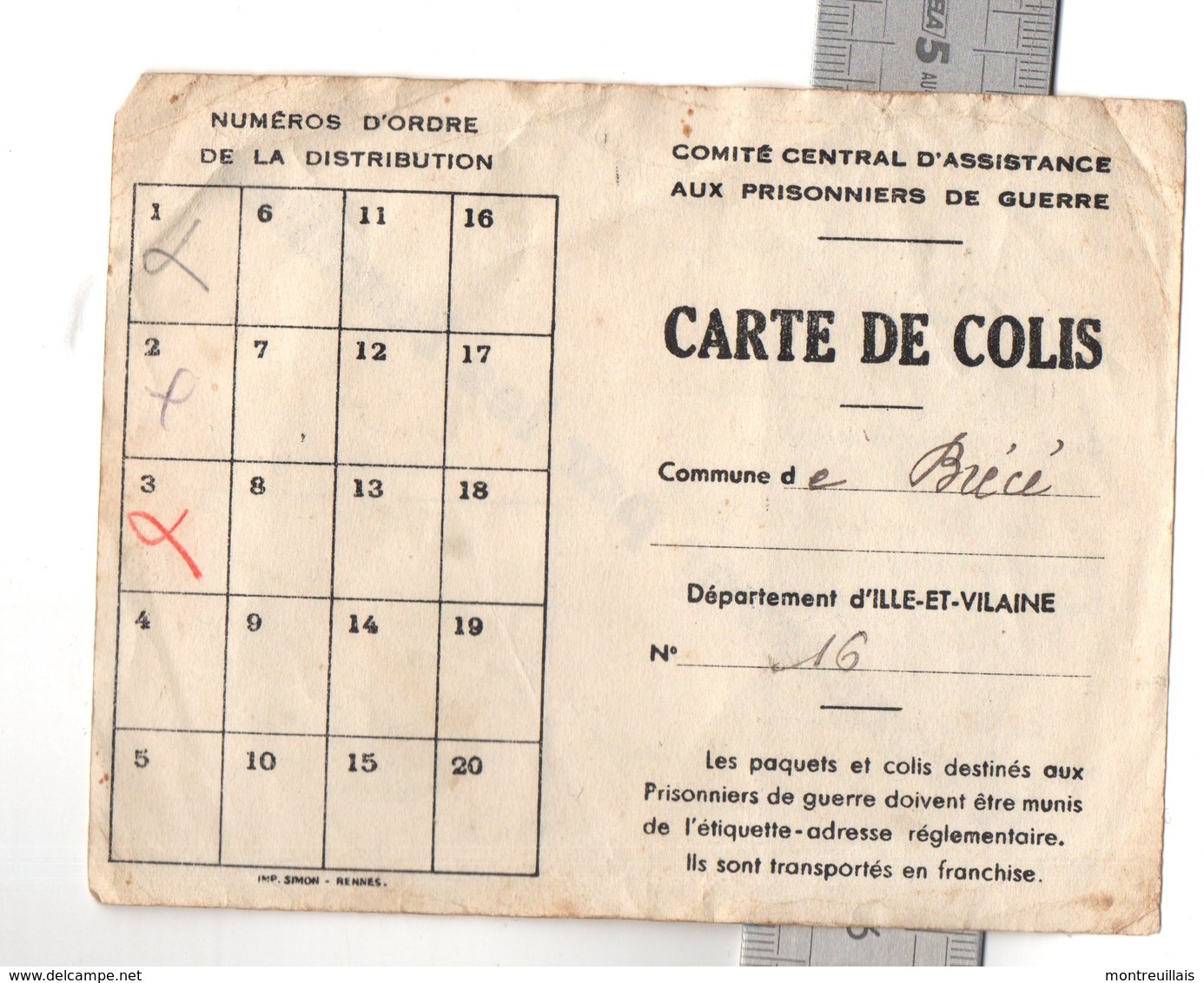 Carte De Colis Délivrée Par Mairie De BRECE (35) Pour Prisonnier De Guerre, Stalag Kommando N° 218, ALLEMAGNE - Documents