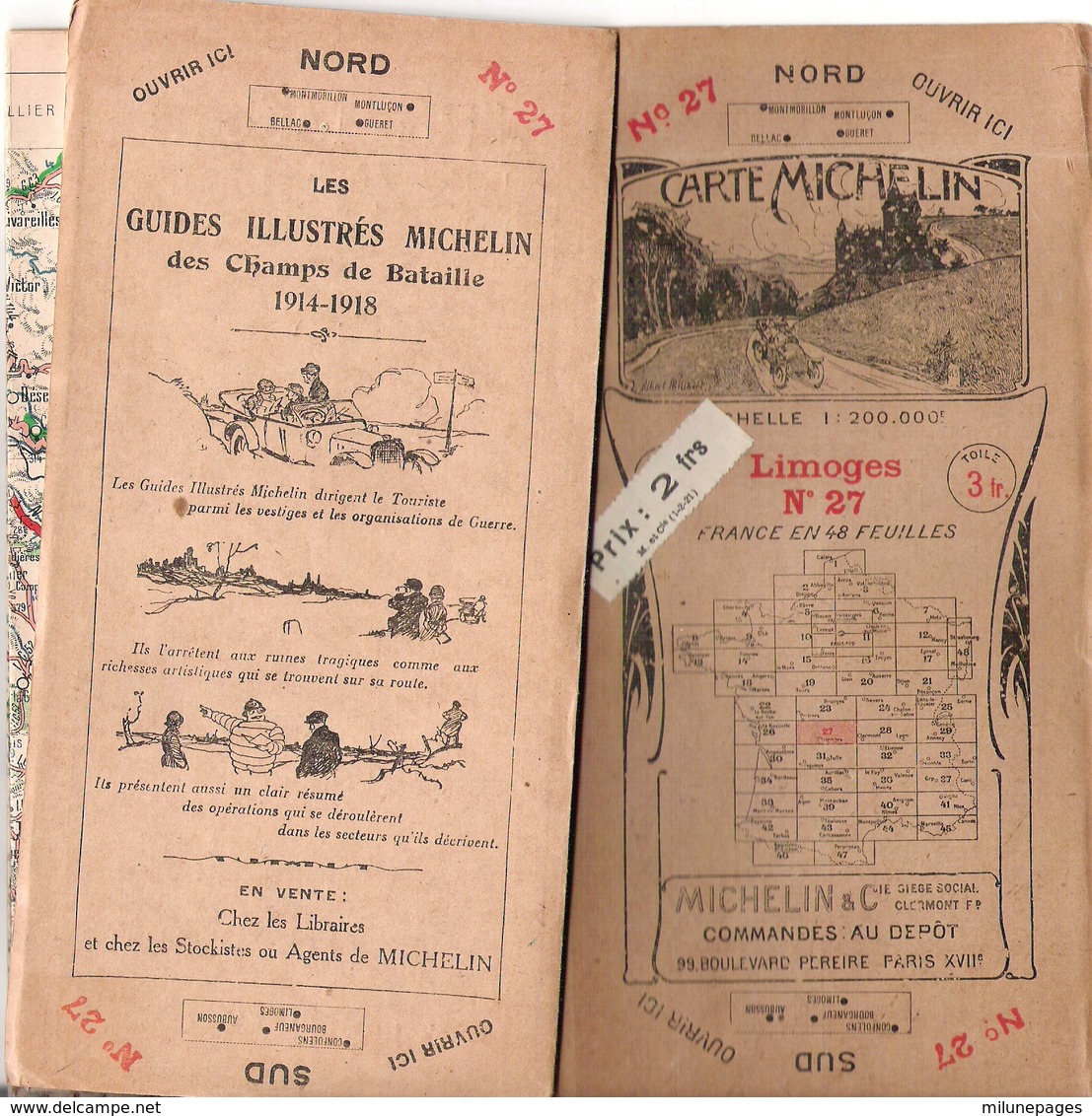 Carte Routière MICHELIN 1920 Limoges N°27 En 48 Feuilles Dos Champs De Bataille 1914-1918 - Roadmaps