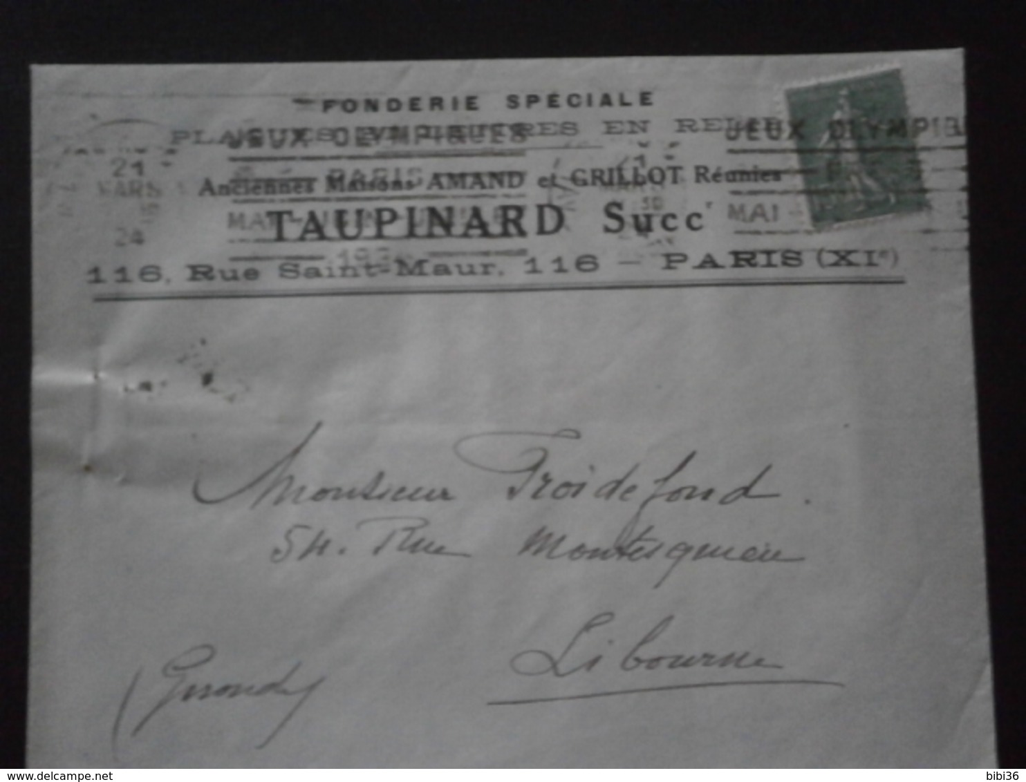 FRANCE TIMBRE 130 SEMEUSE LETTRE ENVELOPPE PLI COURRIER FLAMME KRAG PARIS  JEUX OLYMPIQUES JO 1924 FONDERIE TAUPINARD - Zomer 1924: Parijs