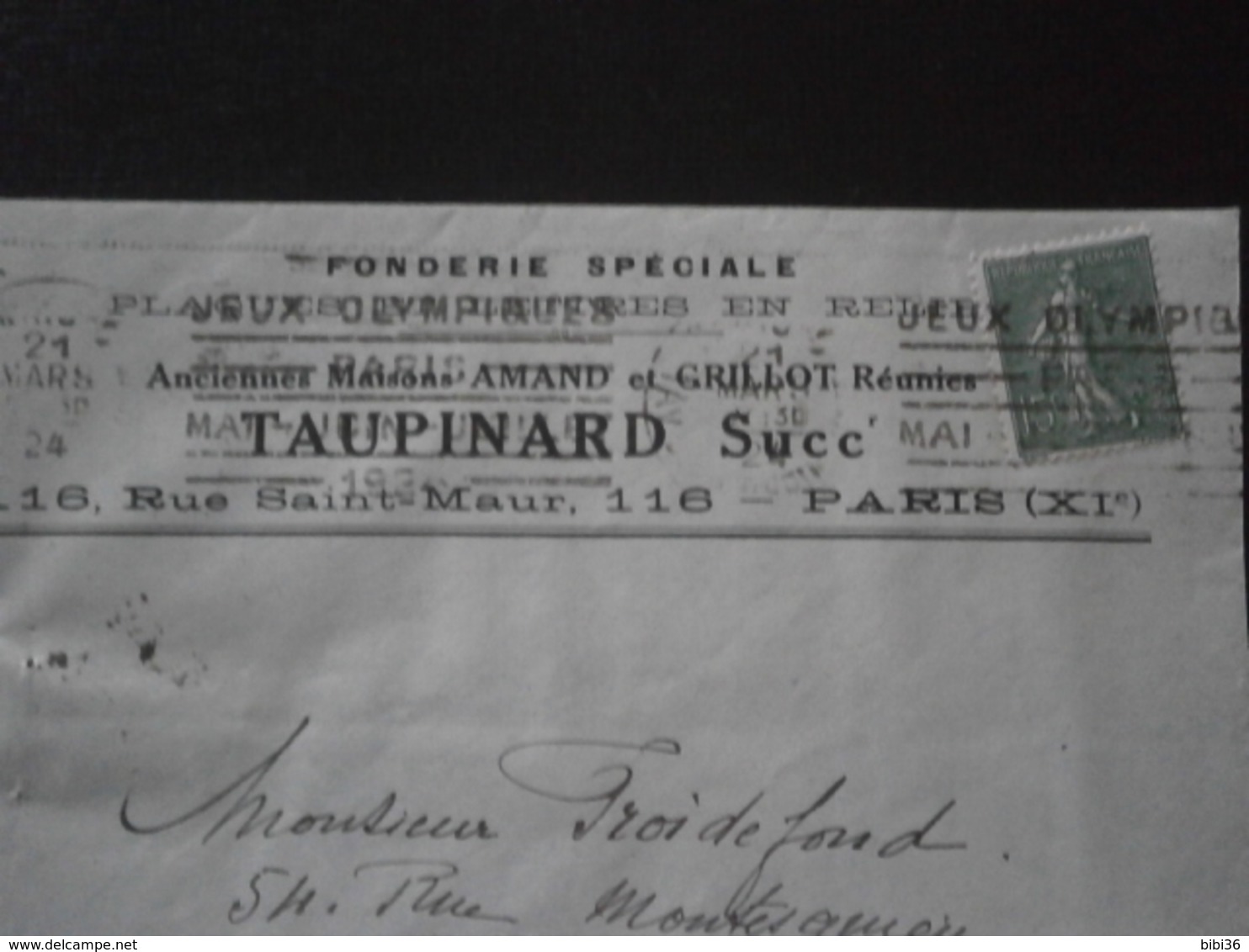 FRANCE TIMBRE 130 SEMEUSE LETTRE ENVELOPPE PLI COURRIER FLAMME KRAG PARIS  JEUX OLYMPIQUES JO 1924 FONDERIE TAUPINARD - Zomer 1924: Parijs