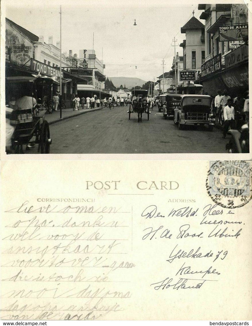 Indonesia, JAVA BANDUNG, Street Scene With Shops, Cars (1934) RPPC Postcard - Indonesië