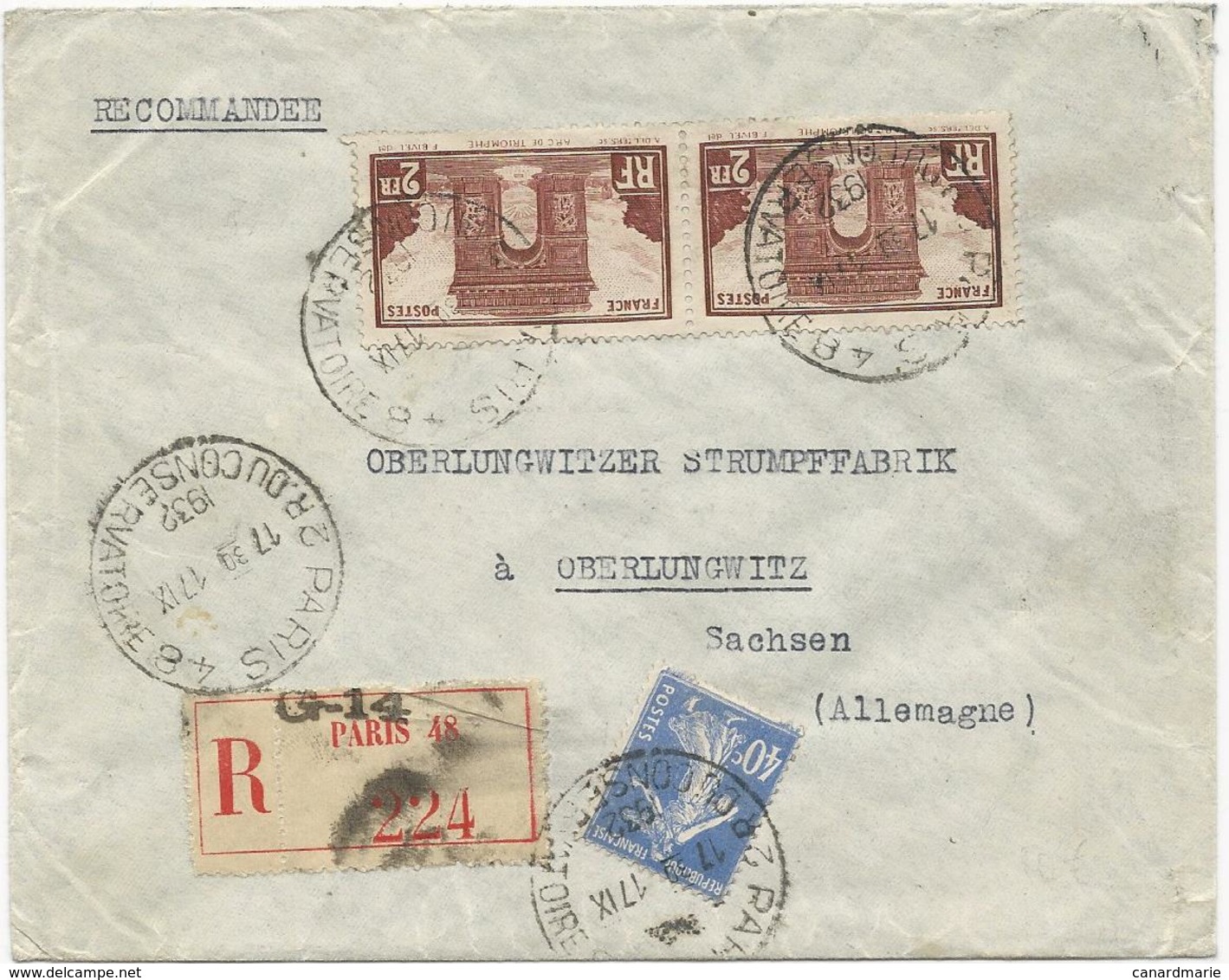 LETTRE RECOMMANDEE 1932 POUR L'ALLEMAGNE AVEC 3 TIMBRES ARC DE TRIOMPHE / SEMEUSE - 1921-1960: Periodo Moderno