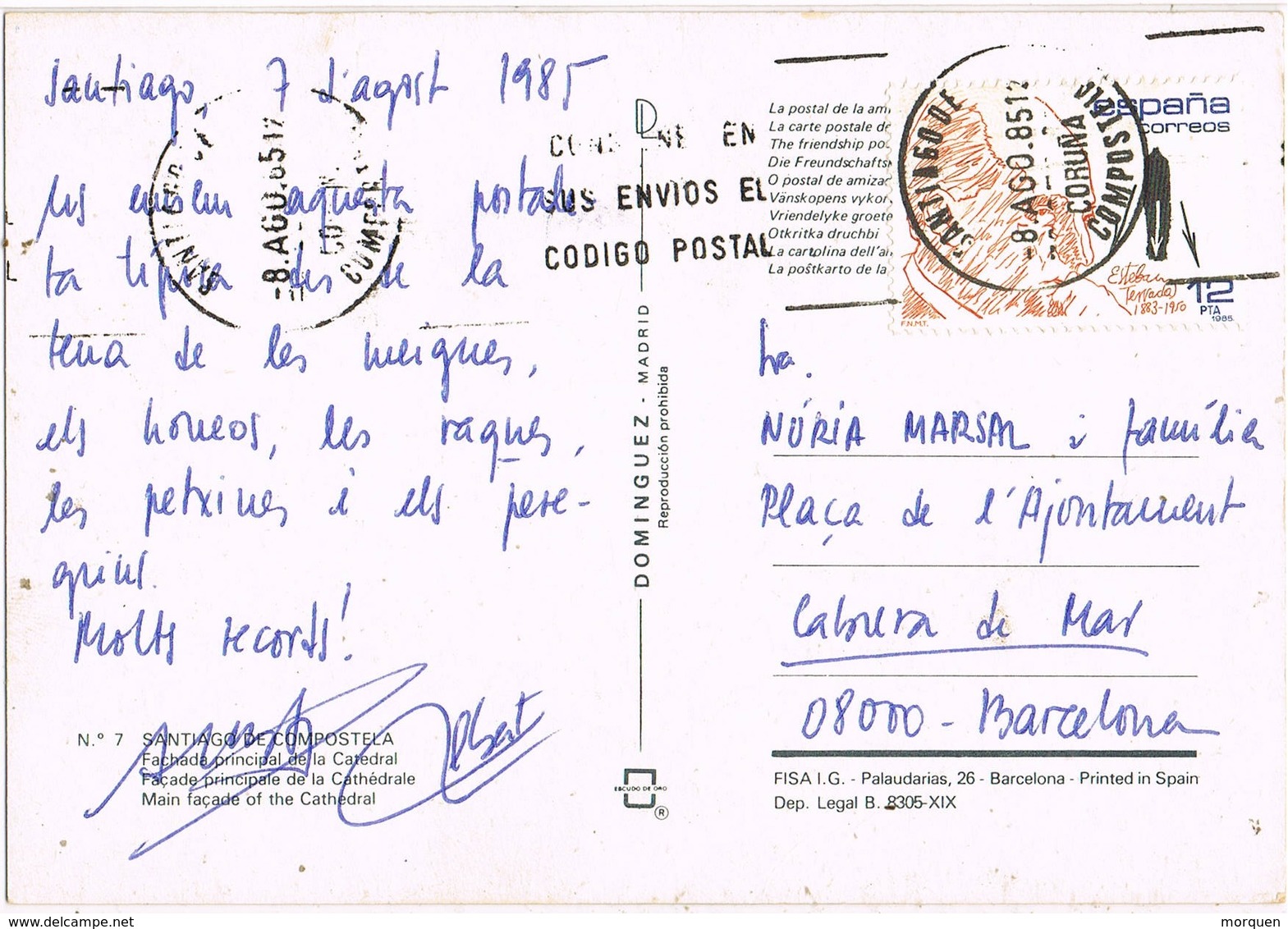 33517. Postal SANTIAGO De COMPOSTELA (Coruña) 1985. Catedral De Santiago - Covers & Documents