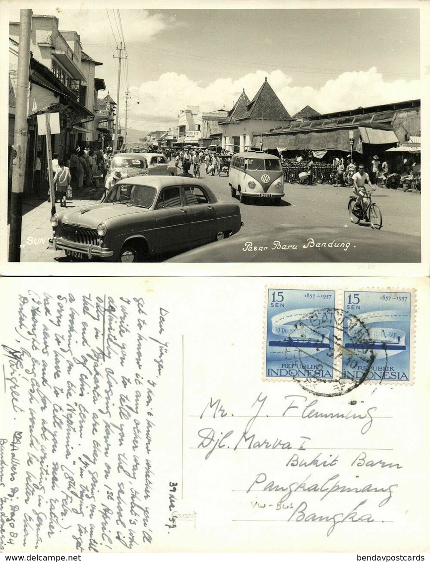 Indonesia, JAVA BANDUNG, Pasar Baru, VW V.W. Bus (1957) RPPC Postcard - Indonesië