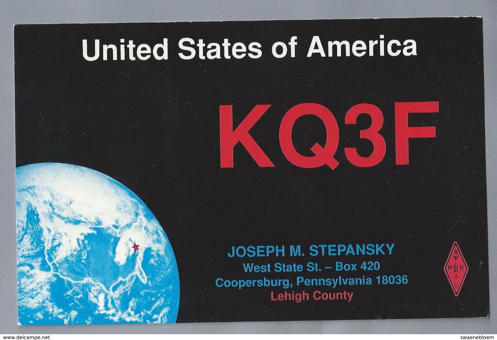 US.- QSL KAART. CARD. KQ3F. United States Of Americ. JOSEPH M. STEPANSKY, Coopersburg, Pennsylvania. ARRL. - Radio-amateur