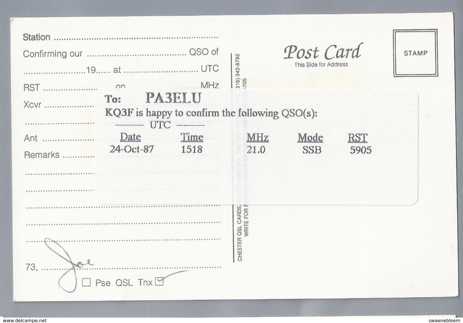 US.- QSL KAART. CARD. KQ3F. United States Of Americ. JOSEPH M. STEPANSKY, Coopersburg, Pennsylvania. ARRL. - Radio Amateur