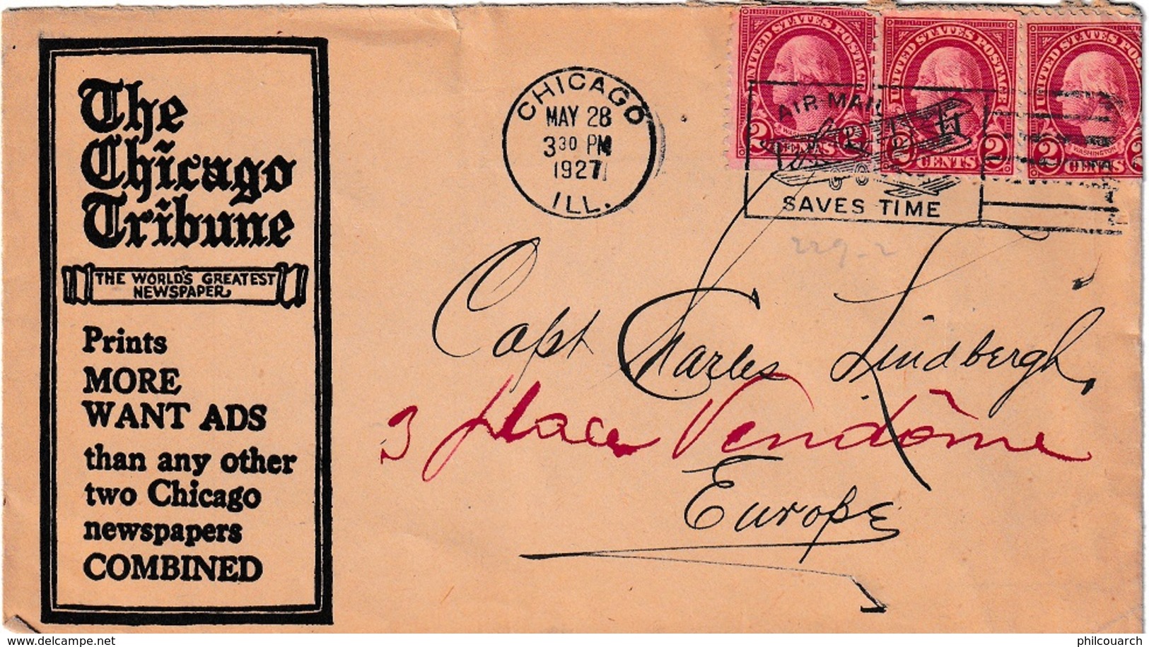 Enveloppe USA (sans Correspondance) Adressée à Charles LINDBERG Le 22/5/1927 Traversée De L'Atlantique  HK - Other & Unclassified