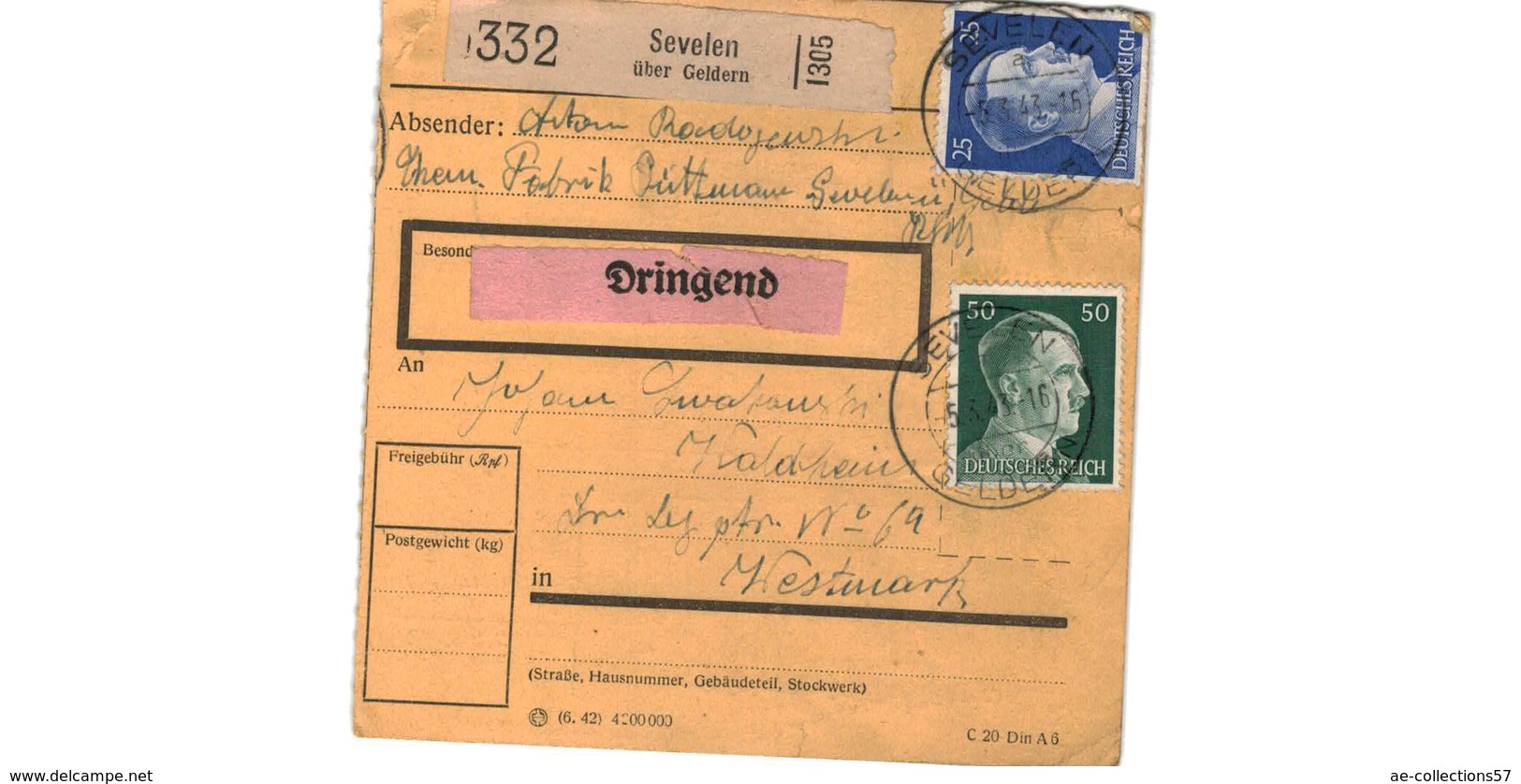 Colis Postal  -  De Sevelen ( über Geldern )   - Pour Waldheim - Coin En Haut à Gauche Coupé - Briefe U. Dokumente