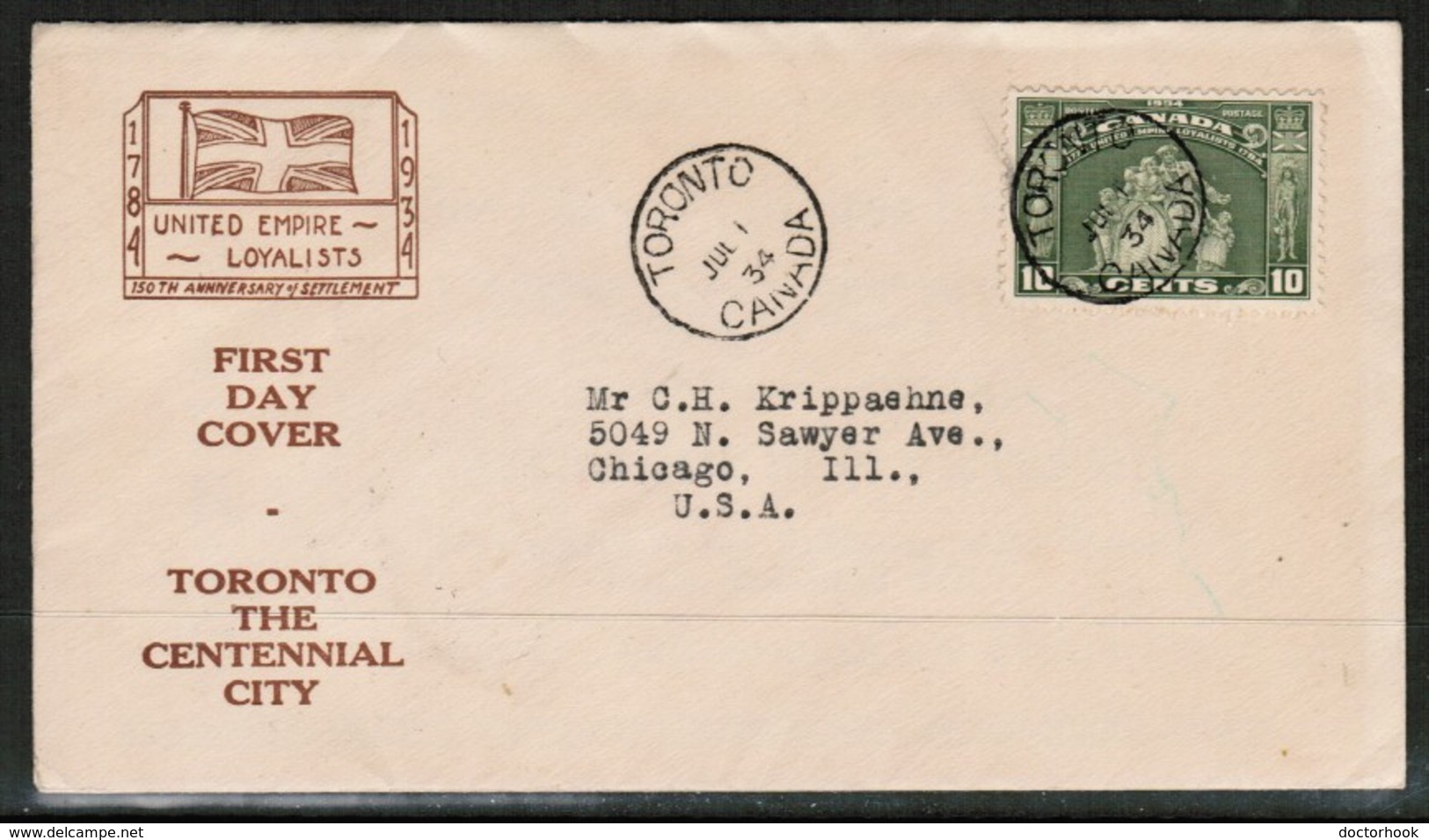 CANADA   Scott # 209 ON FIRST DAY COVER To U.S.A. (JUL/1/34)---SCARCE (OS-483) - ....-1951