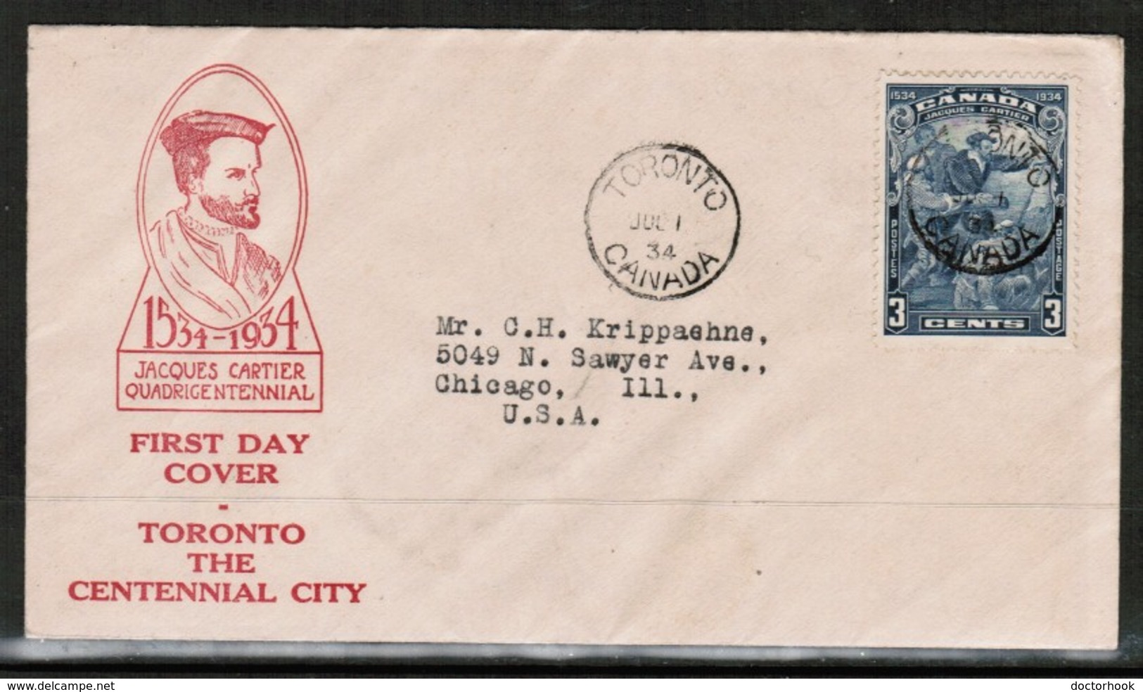 CANADA   Scott # 208 ON FIRST DAY COVER To U.S.A. (JUL/1/34)---SCARCE (OS-484) - ....-1951