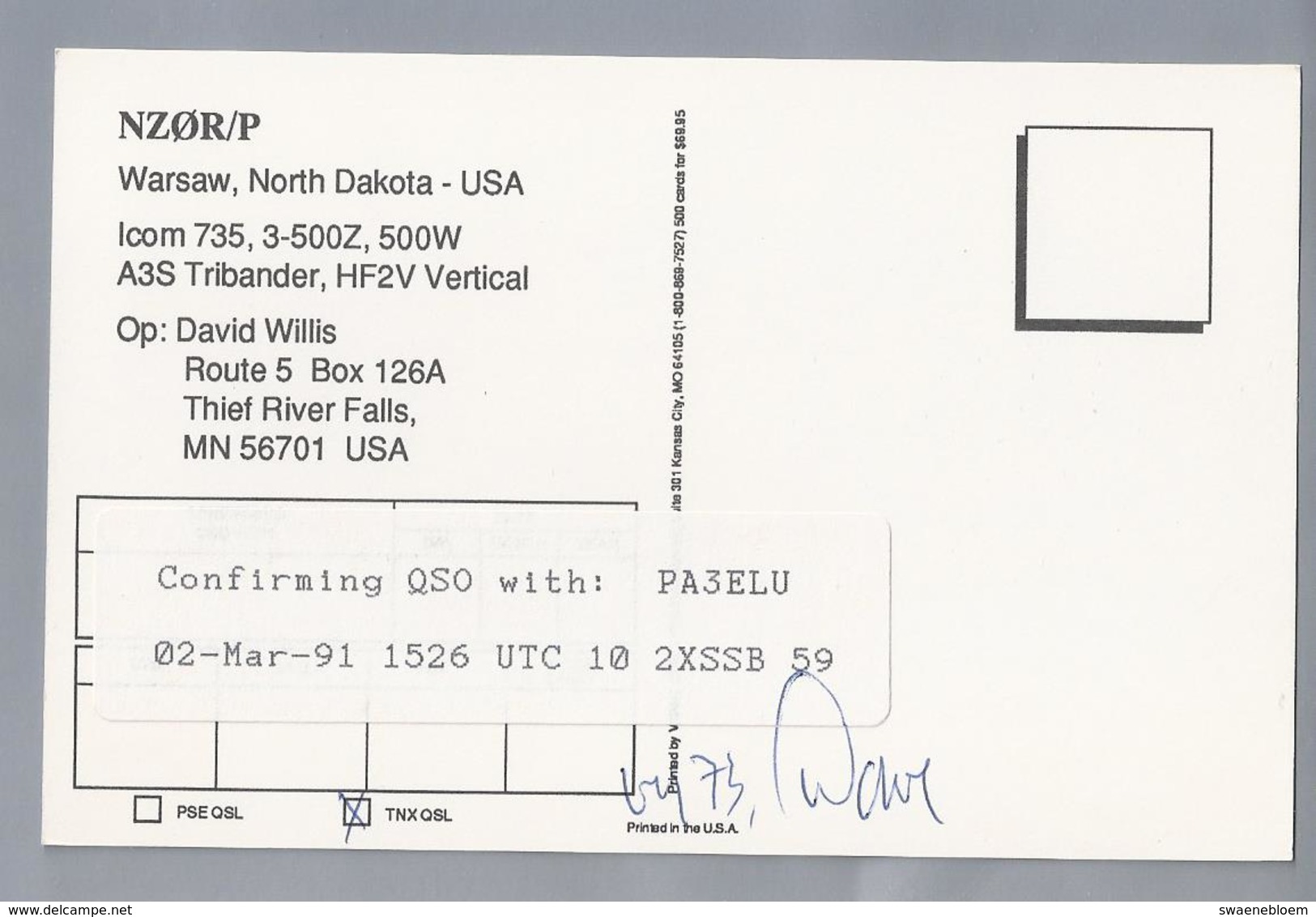 US.- QSL KAART. CARD. NZOR/P Walsh County, Warsaw, North Dakota, USA. Op: David Willis, Thief River Falls. - Radio-amateur