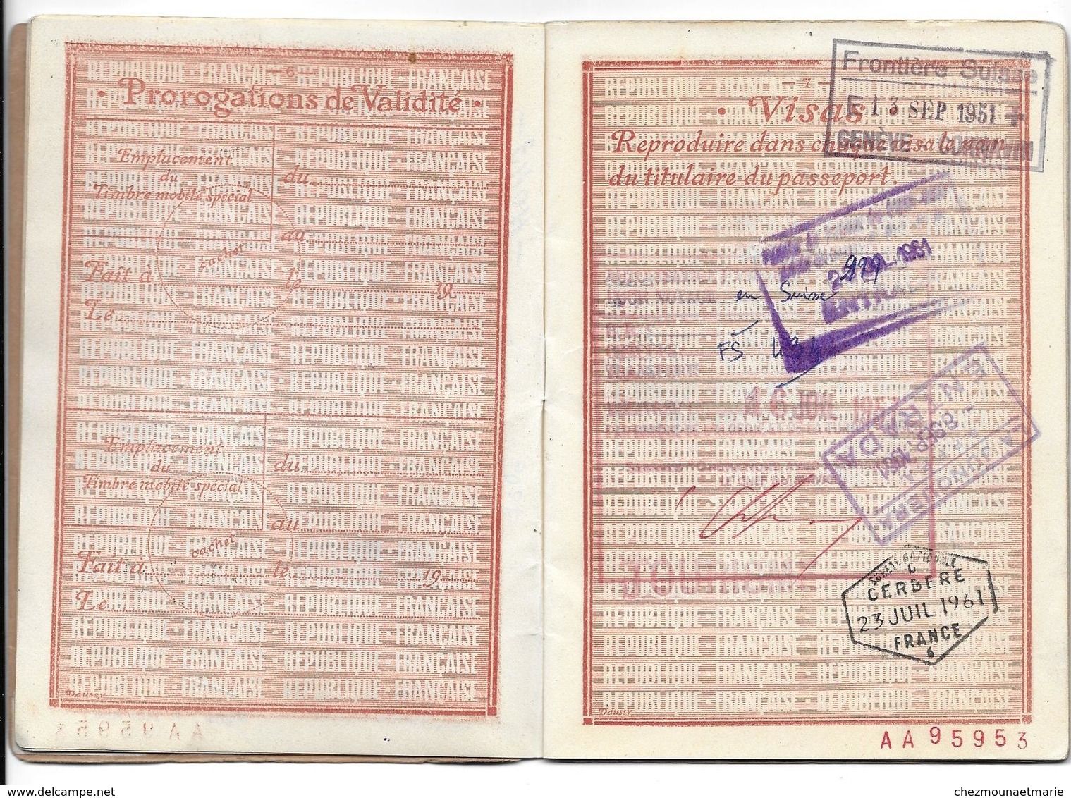 PASSEPORT 1957 FRANCE GARCIA ROGER NE 1916 ORAN ALGERIE SECRETAIRE GVT GENERAL - GENEVE JUNQUERA CERBERE PORT BOU - Historical Documents