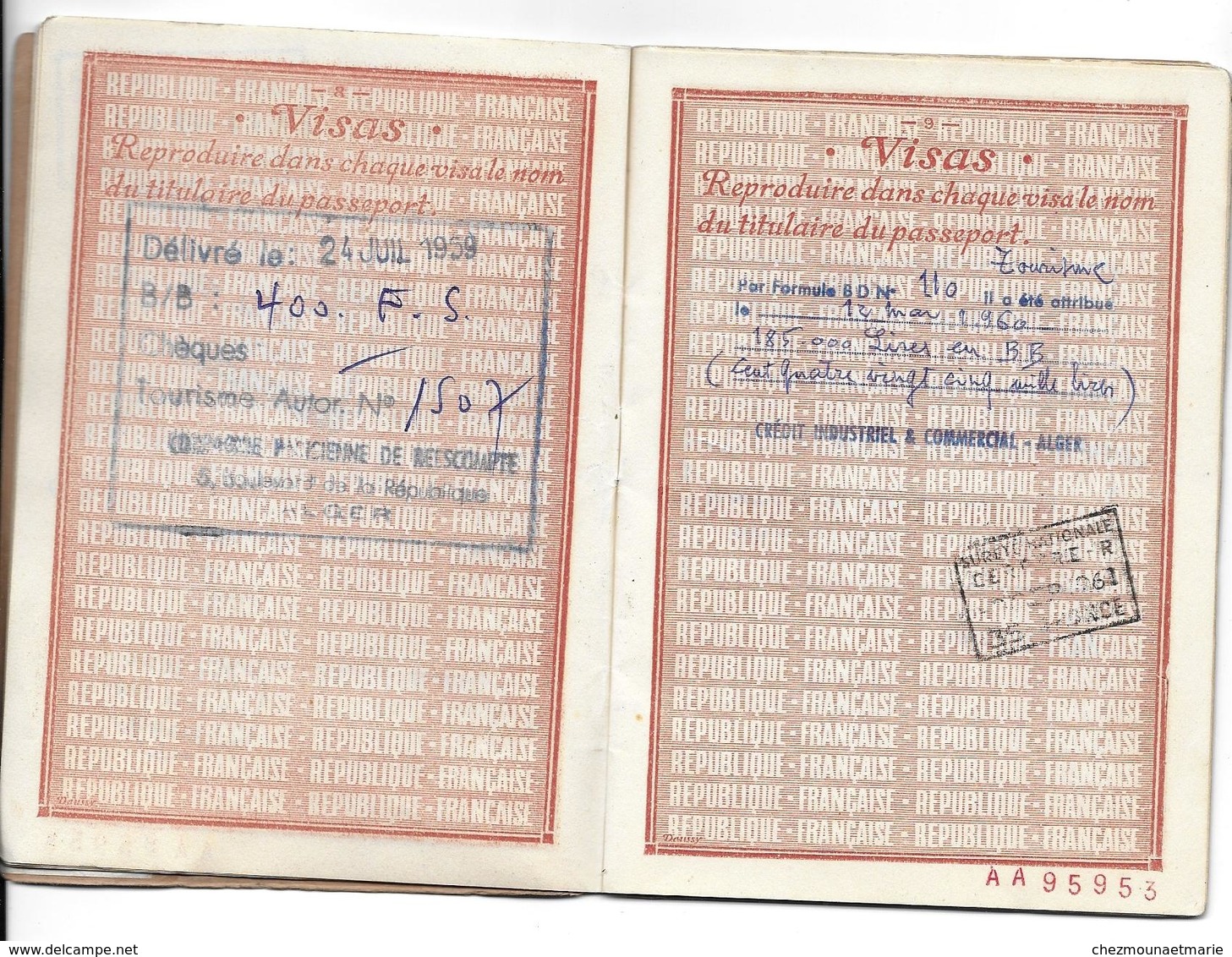 PASSEPORT 1957 FRANCE GARCIA ROGER NE 1916 ORAN ALGERIE SECRETAIRE GVT GENERAL - GENEVE JUNQUERA CERBERE PORT BOU