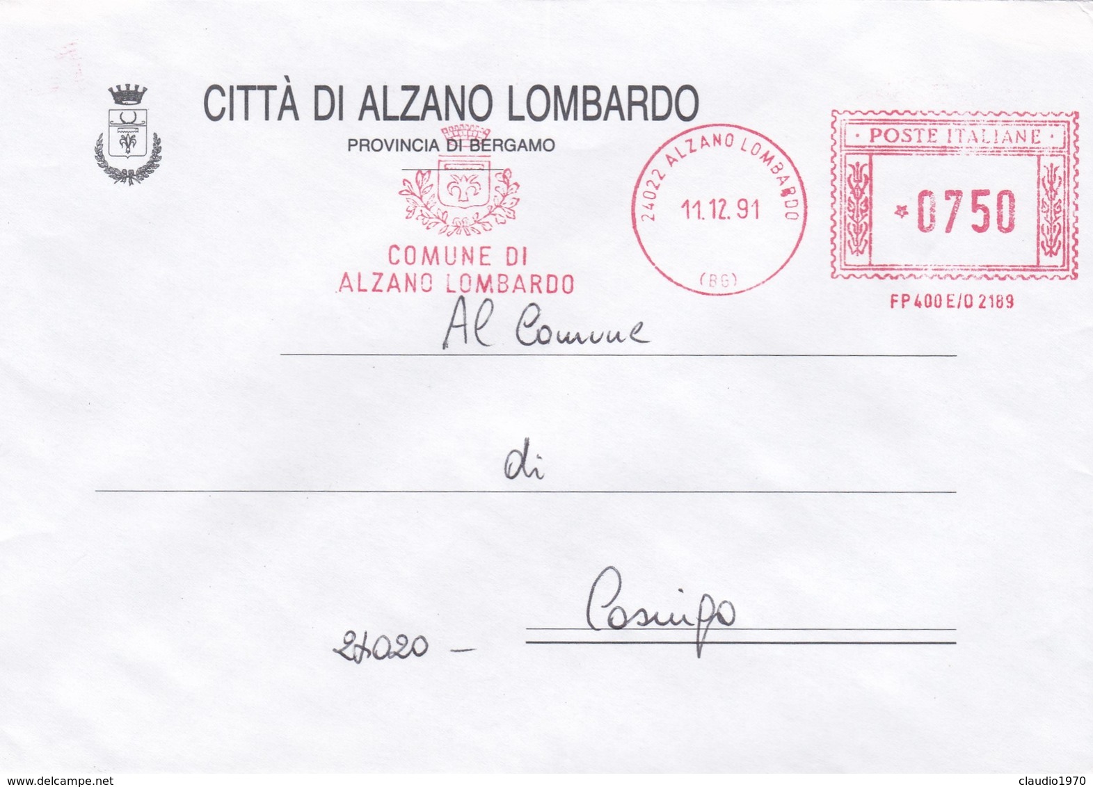 BUSTA VIAGGIATA - ALZANO LOMBARDO (BG) - COMUNE DI ALZANO LOMBARDO ( PROVINCIA DI BERGAMO) VIAGGIATA  PER CASNIGO - Macchine Per Obliterare (EMA)