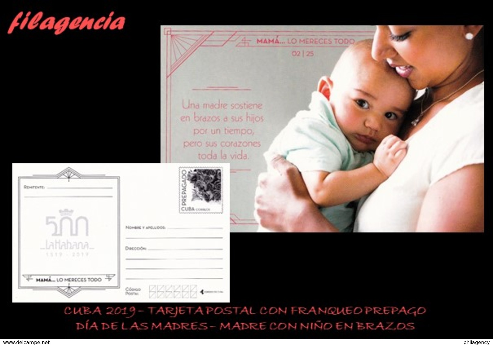 CUBA. ENTEROS POSTALES. TARJETA POSTAL FRANQUEO PREPAGO. 2019 DÍA DE LAS MADRES. MADRE CON NIÑO EN BRAZOS - Otros & Sin Clasificación