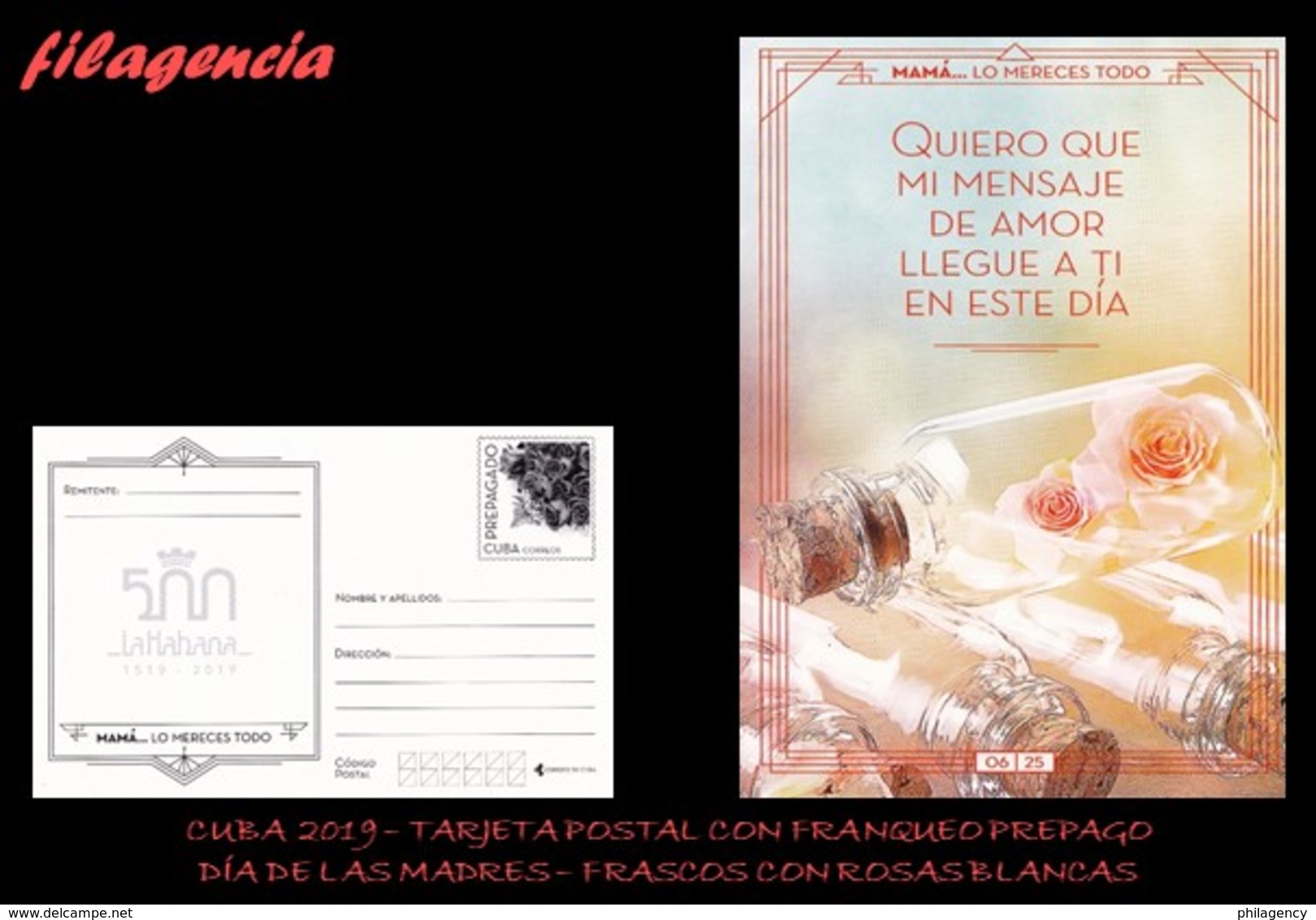 CUBA. ENTEROS POSTALES. TARJETA POSTAL FRANQUEO PREPAGO. 2019 DÍA DE LAS MADRES. FLORES. ROSAS EN FRASCOS DE CRISTAL - Otros & Sin Clasificación