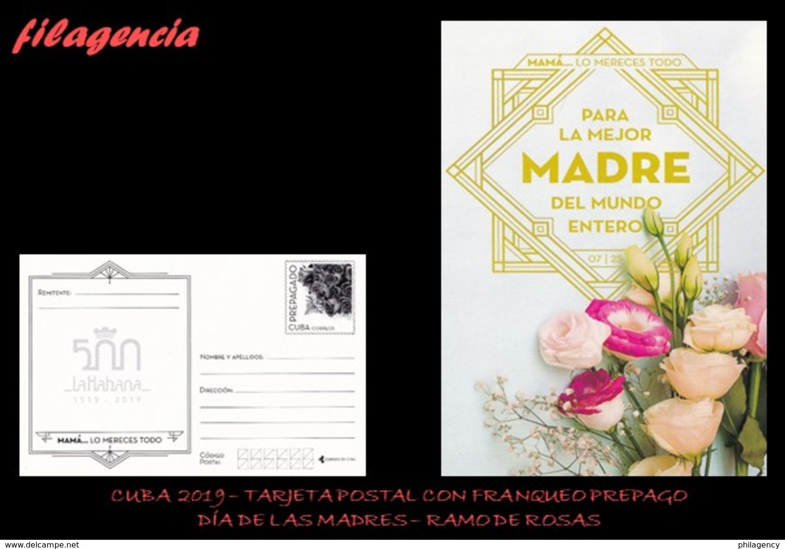 CUBA. ENTEROS POSTALES. TARJETA POSTAL FRANQUEO PREPAGO. 2019 DÍA DE LAS MADRES. FLORES. RAMO DE ROSAS - Otros & Sin Clasificación