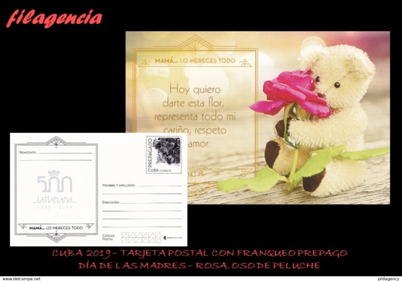 CUBA. ENTEROS POSTALES. TARJETA POSTAL FRANQUEO PREPAGO. 2019 DÍA DE LAS MADRES. FLORES. ROSA & OSO DE PELUCHE - Otros & Sin Clasificación