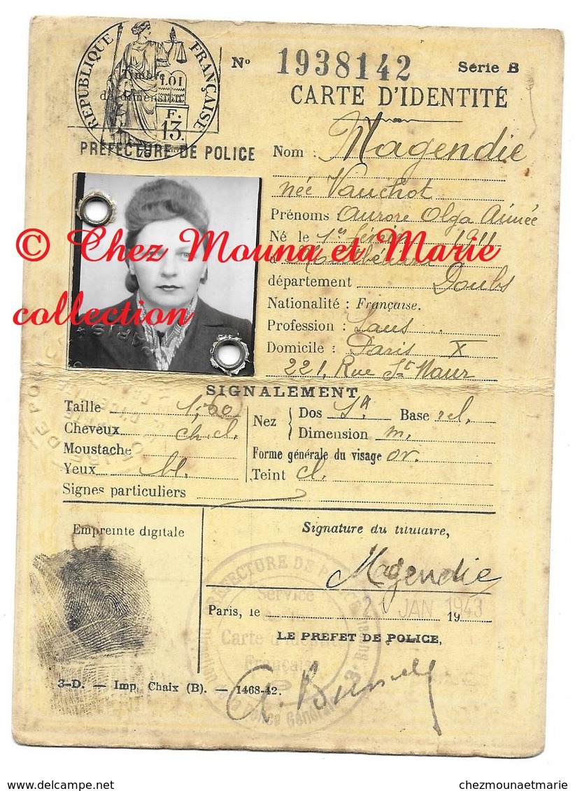 CARTE D IDENTITE 1943 - MAGENDIE AURORE NEE VAUCHOT 1911 MONTBELIARD DOUBS - Documents Historiques