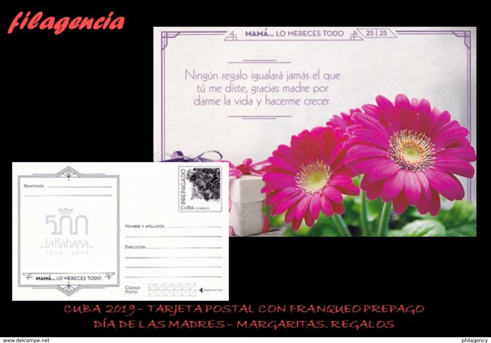 CUBA. ENTEROS POSTALES. TARJETA POSTAL FRANQUEO PREPAGO. 2019 DÍA DE LAS MADRES. FLORES. MARGARITAS & REGALOS - Otros & Sin Clasificación