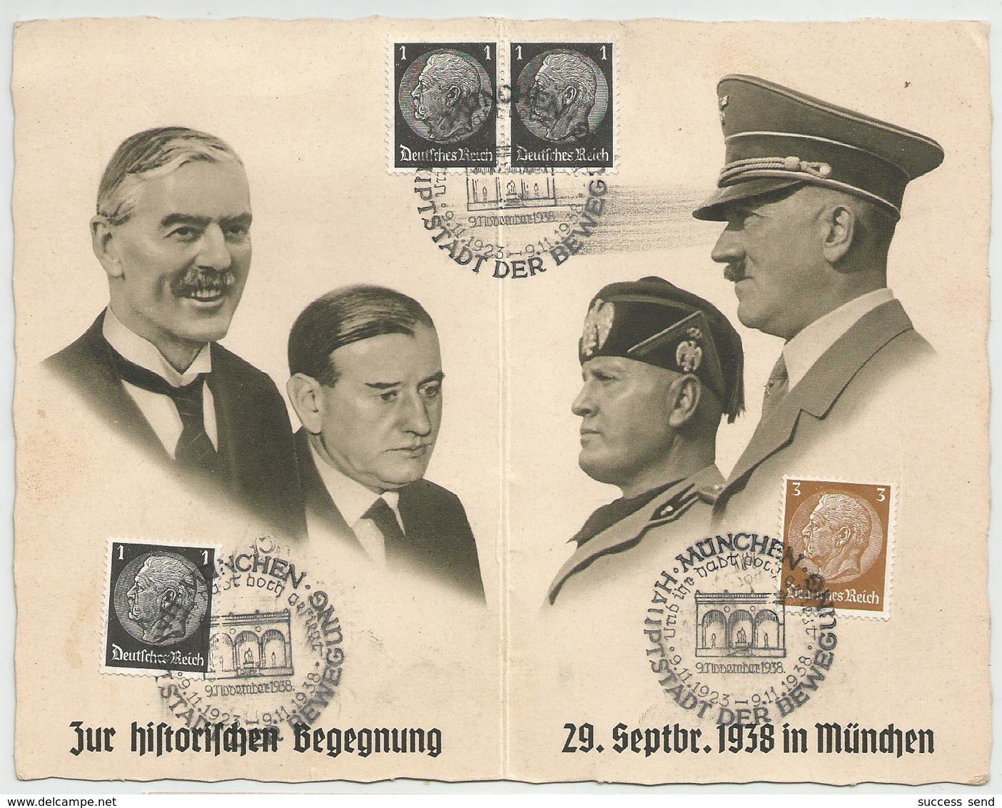 DEUTSCHES REICH PROPAGANDA DOPPEL KARTE MÜNCHEN 1938 HITLER MUSSOLINI.... - Covers & Documents