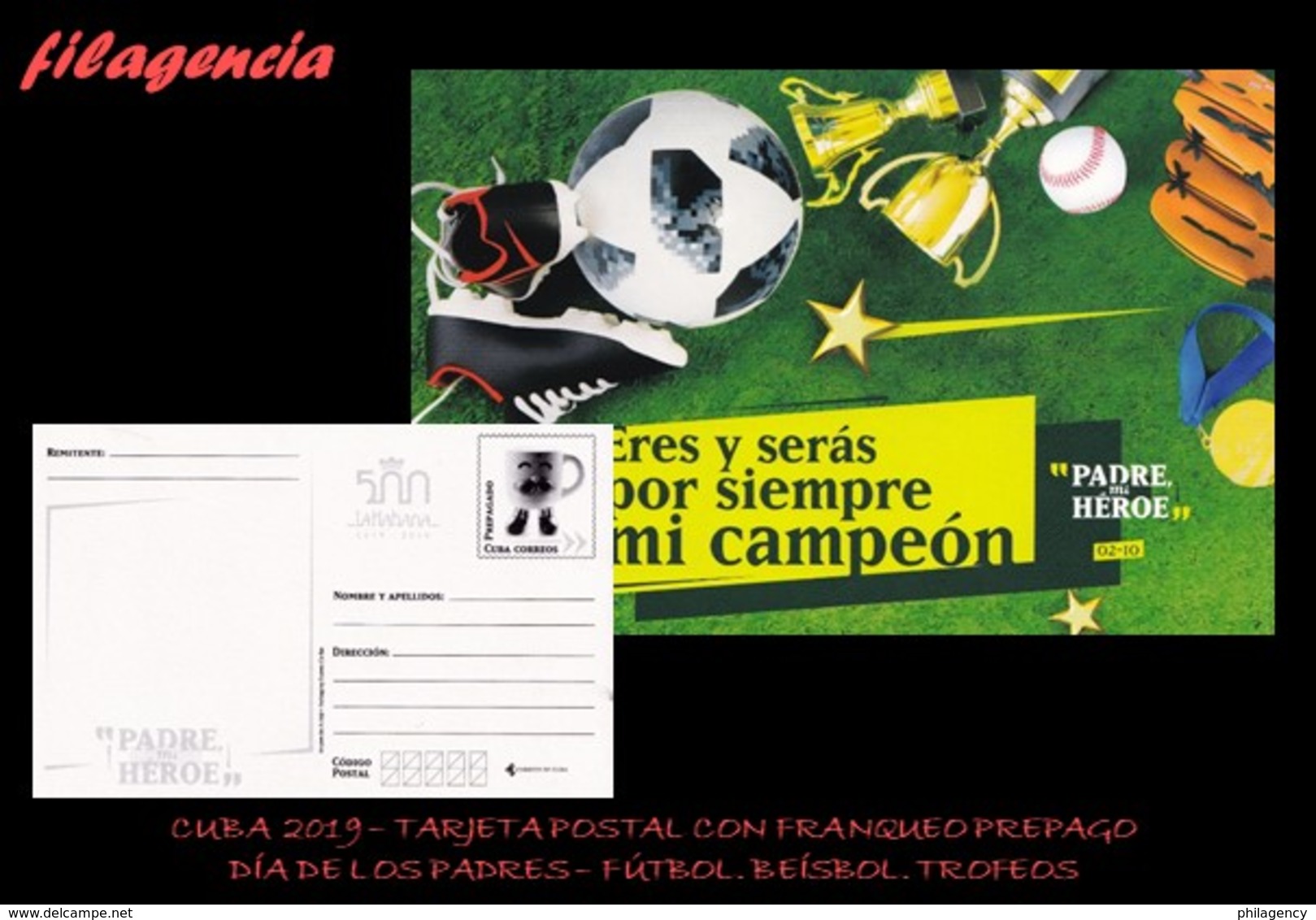 CUBA. ENTEROS POSTALES. TARJETA POSTAL FRANQUEO PREPAGO. 2019 DÍA DE LOS PADRES. FÚTBOL. BEÍSBOL. TROFEOS. MEDALLA - Otros & Sin Clasificación