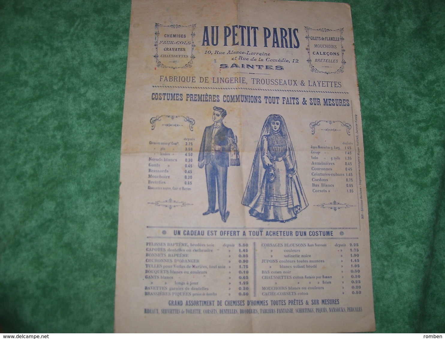 TRES RARE DOCUMENT PUBLICITAIRE - AU PETIT PARIS - SAINTES - - Publicités