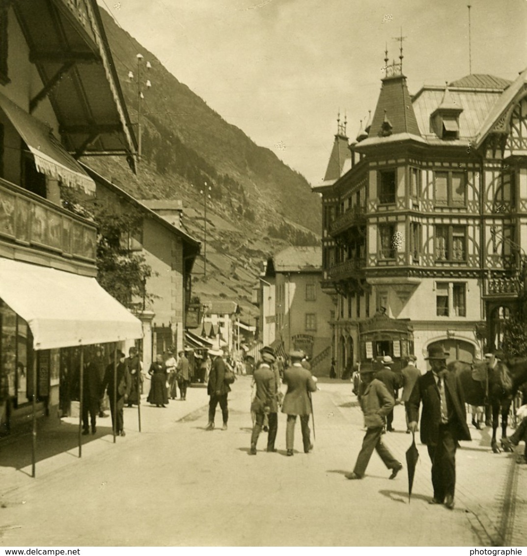 Suisse Alpes Zermatt Hauptstrasse Hotel Du Mont Cervin Ancienne Photo Stereo NPG 1900 - Stereoscopio