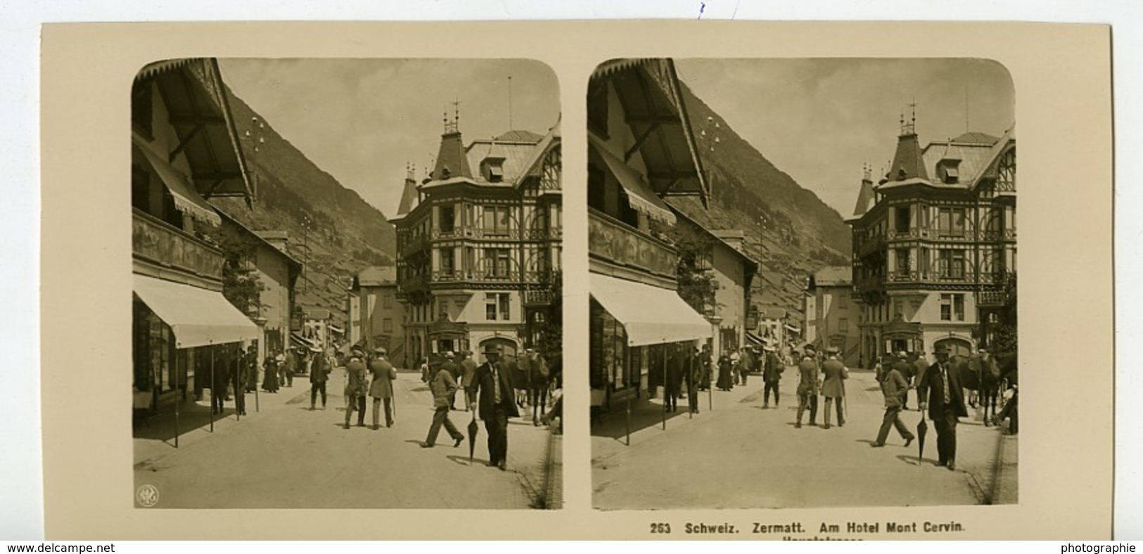 Suisse Alpes Zermatt Hauptstrasse Hotel Du Mont Cervin Ancienne Photo Stereo NPG 1900 - Stereoscopio