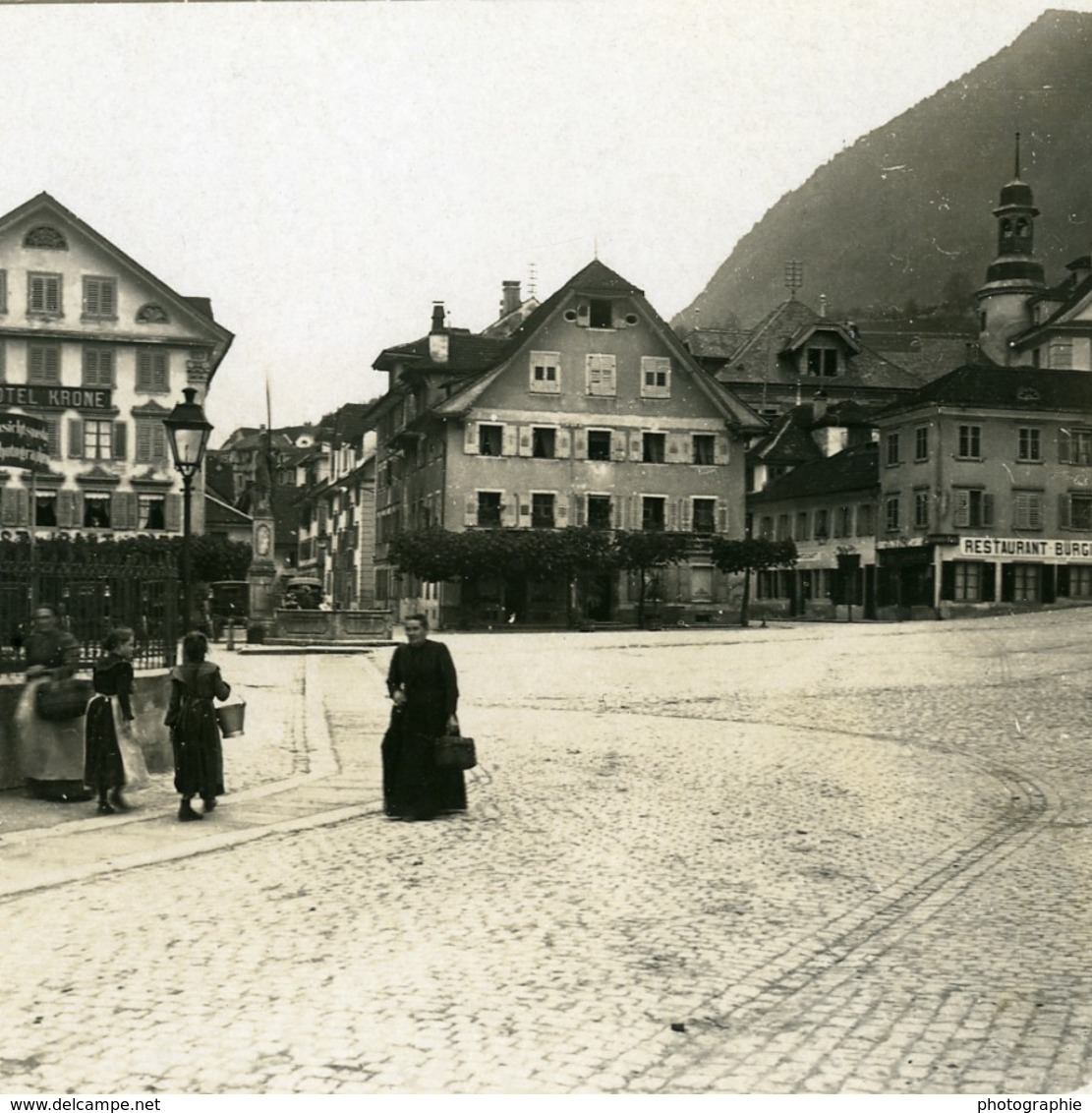 Suisse Stans Place Du Marche Dorfplatz Ancienne Photo Stereo Possemiers 1900 - Stereoscopic