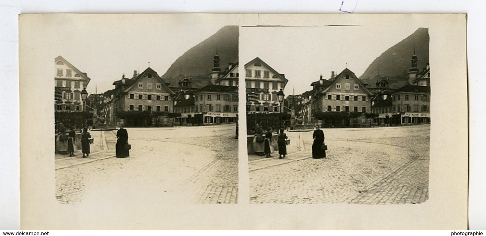 Suisse Stans Place Du Marche Dorfplatz Ancienne Photo Stereo Possemiers 1900 - Stereoscopic