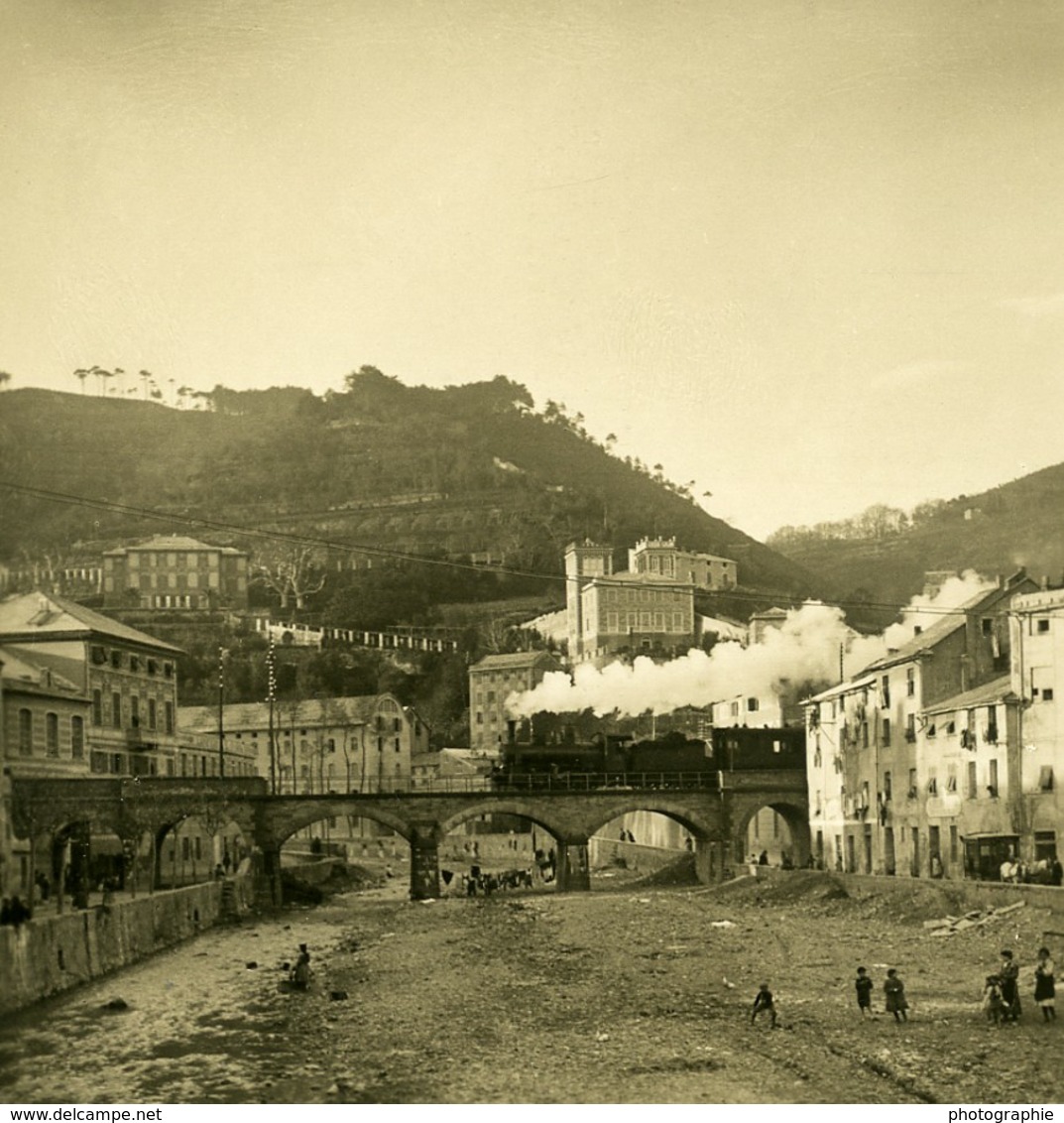 Italie Voltri Pont De Chemin De Fer Train A Vapeur Ancienne Photo Stereo NPG 1900 - Stereo-Photographie