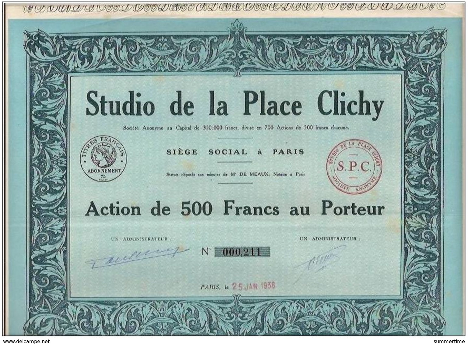 STUDIO  DE  LA  PLACE  CLICHY  /  ACTION  DE  500  FRANCS  /  CAPITAL  DIVISÉ  EN 700  ACTIONS  /  PARIS  1936 - S - V