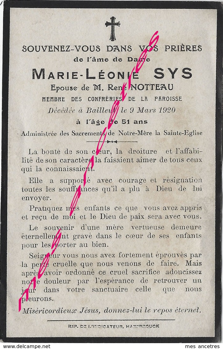 En 1920 Bailleul (59) Marie Léonie SYS Ep René NOTTEAU Membre Confréries De La Paroisse - Décès