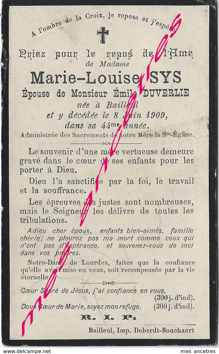 En 1909 Bailleul (59) Marie Louise SYS Ep Emile DUVERLIE - Décès