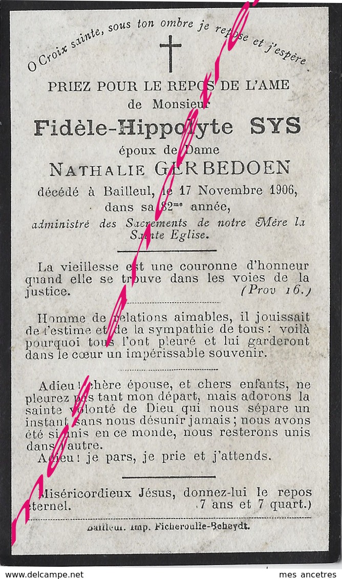 En 1906 Bailleul (59) Fidèle SYS Ep Nathalie GERBEDOEN - Décès