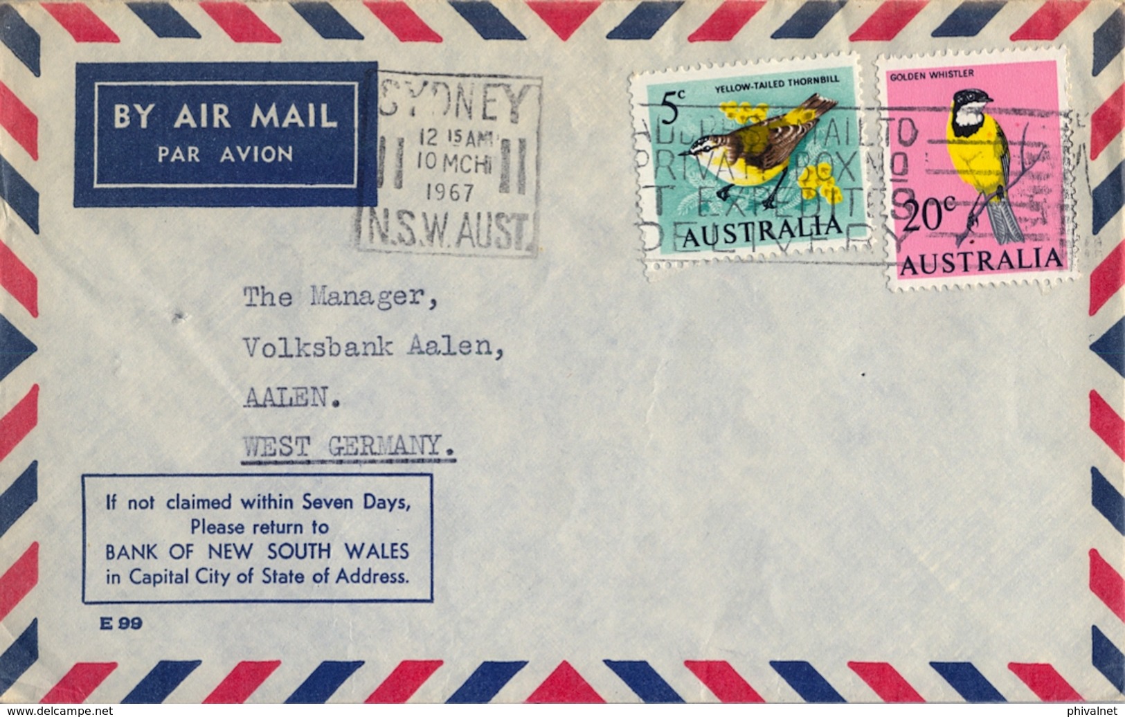 1967 , AUSTRALIA , CORREO AÉREO , SYDNEY - AALEN , SERIE BÁSICA - AVES - Covers & Documents