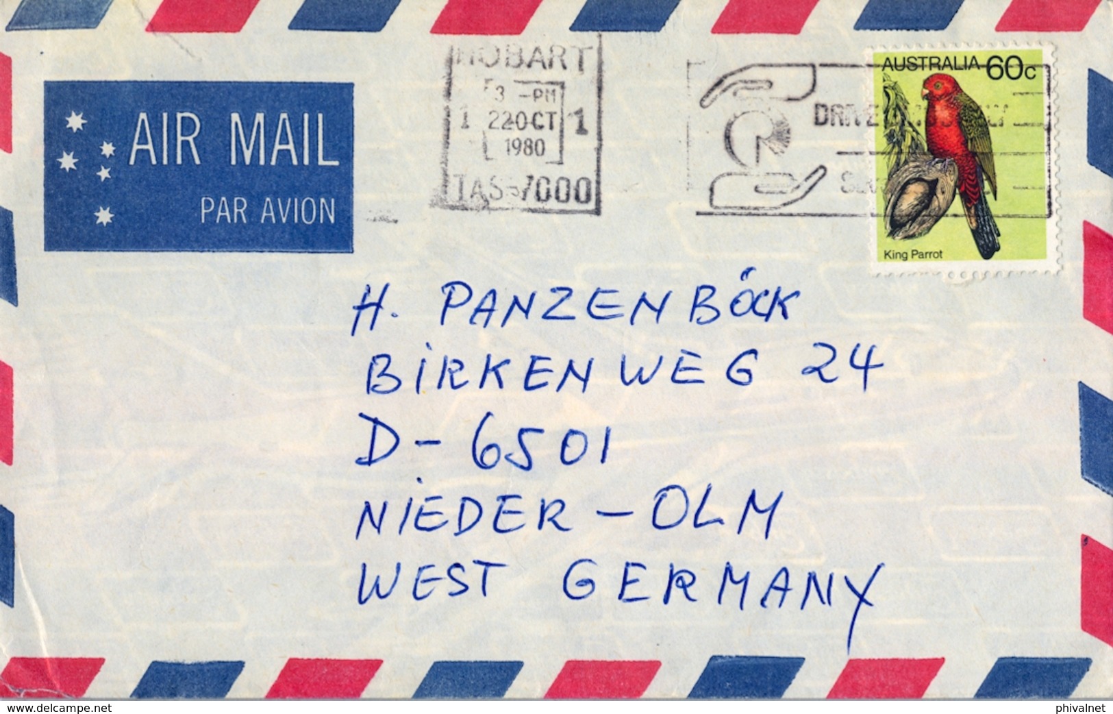 1980 , AUSTRALIA , CORREO AÉREO , HOBART - NIEDER OLM , SERIE BÁSICA - AVES , BIRDS - Cartas & Documentos