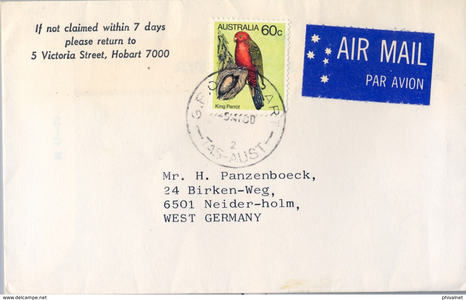 1980 , AUSTRALIA , CORREO AÉREO , HOBART - NIEDER OLM , SERIE BÁSICA - AVES , BIRDS - Cartas & Documentos