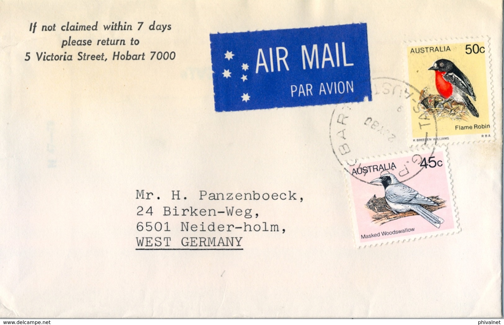 1980 , AUSTRALIA , CORREO AÉREO , HOBART - NIEDER OLM , SERIE BÁSICA - AVES , BIRDS - Cartas & Documentos