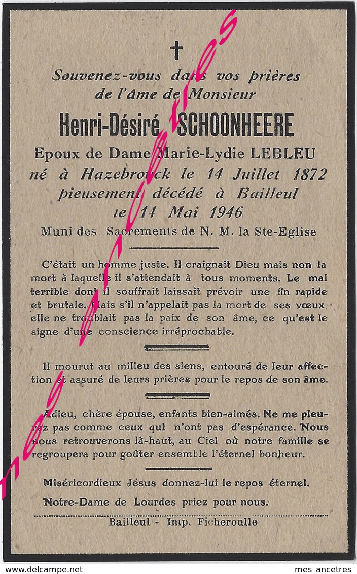 En 1946 Hazebrouck Et Bailleul (59) Henri SCHOONHEERE Ep Marie LEBLEU - Décès